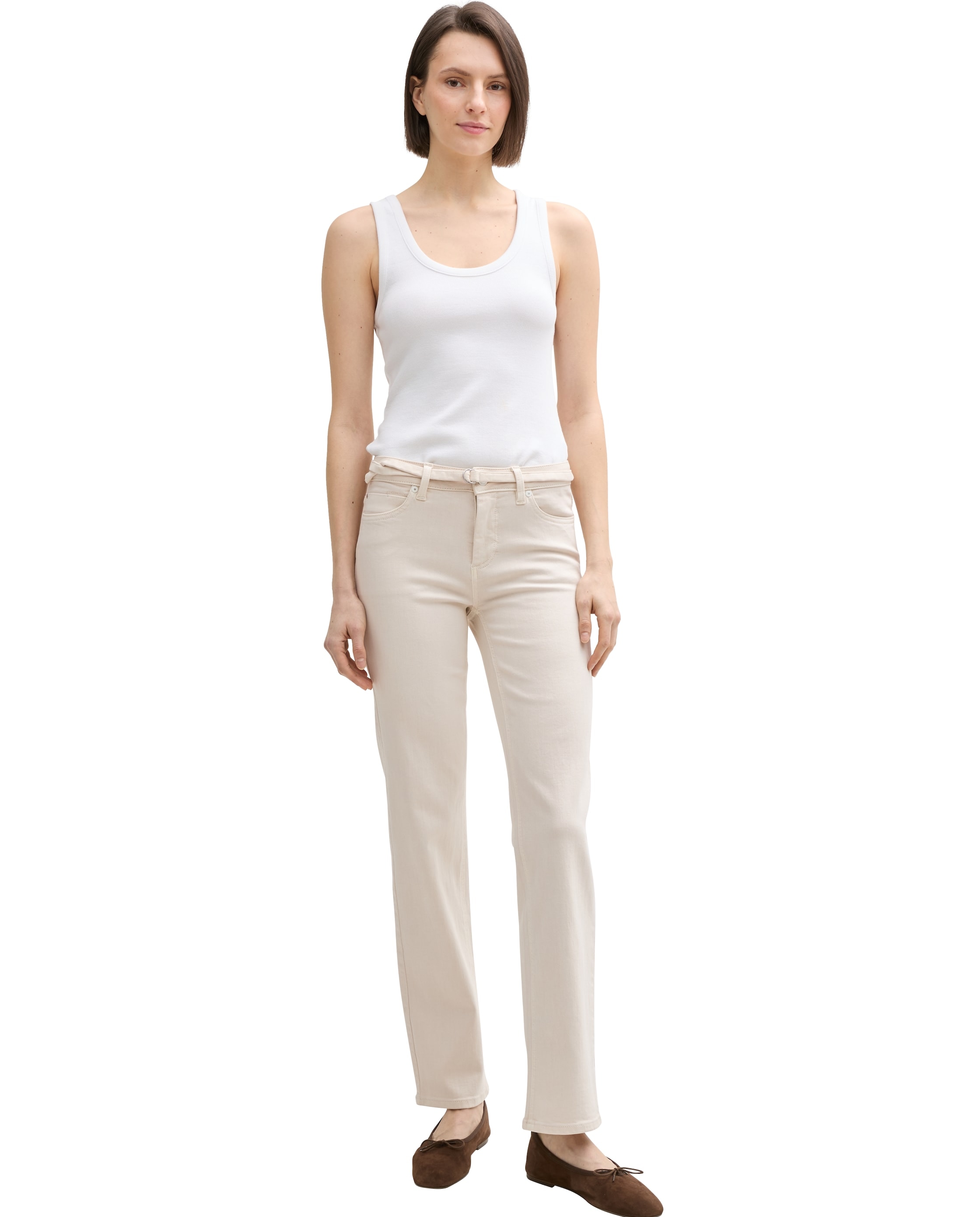 Jeans com Corte a Direito e Cinto Bege-1