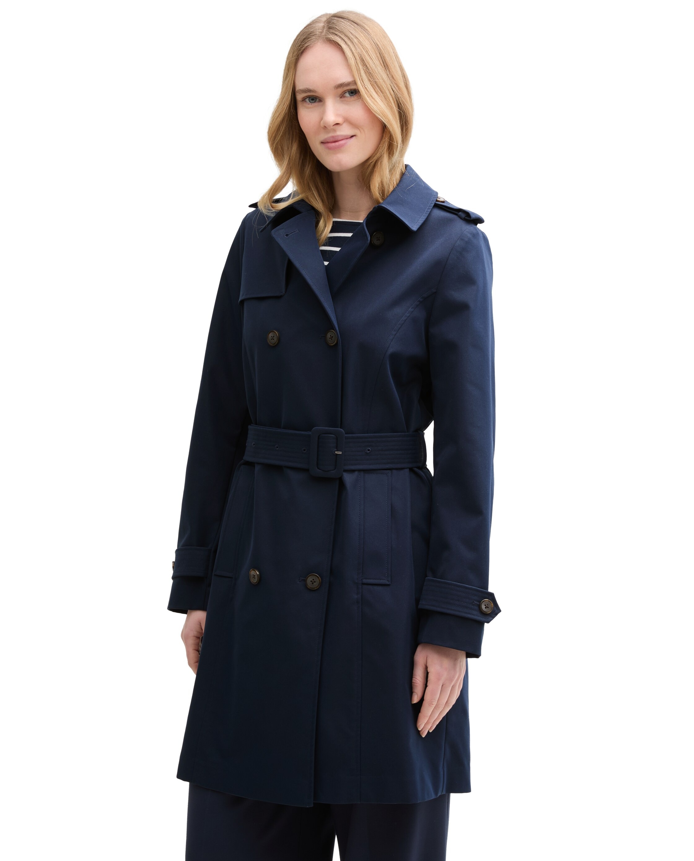 Gabardina Comprida com Bolsos Liso Azul-marinho-1