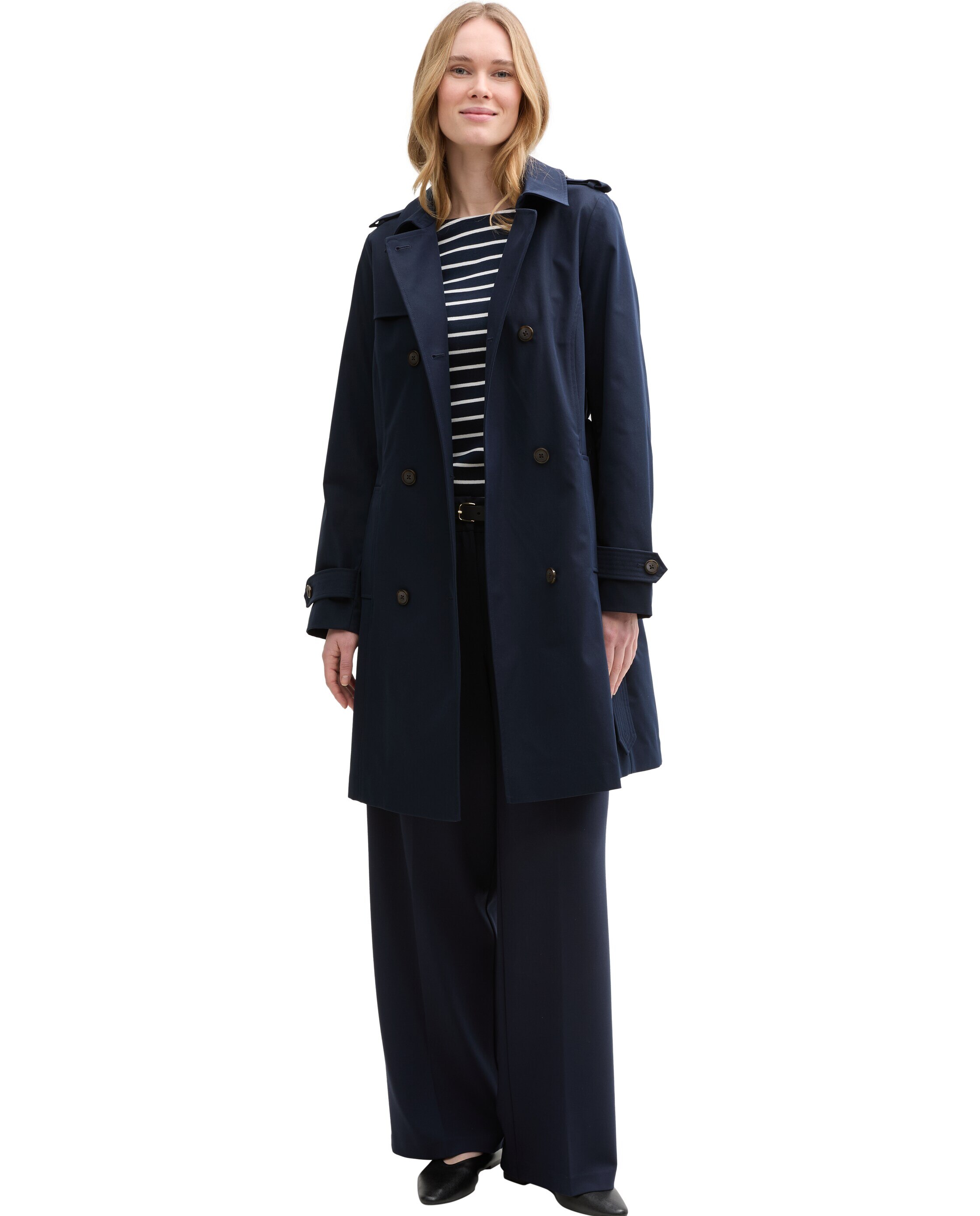 Gabardina Comprida com Bolsos Liso Azul-marinho-3