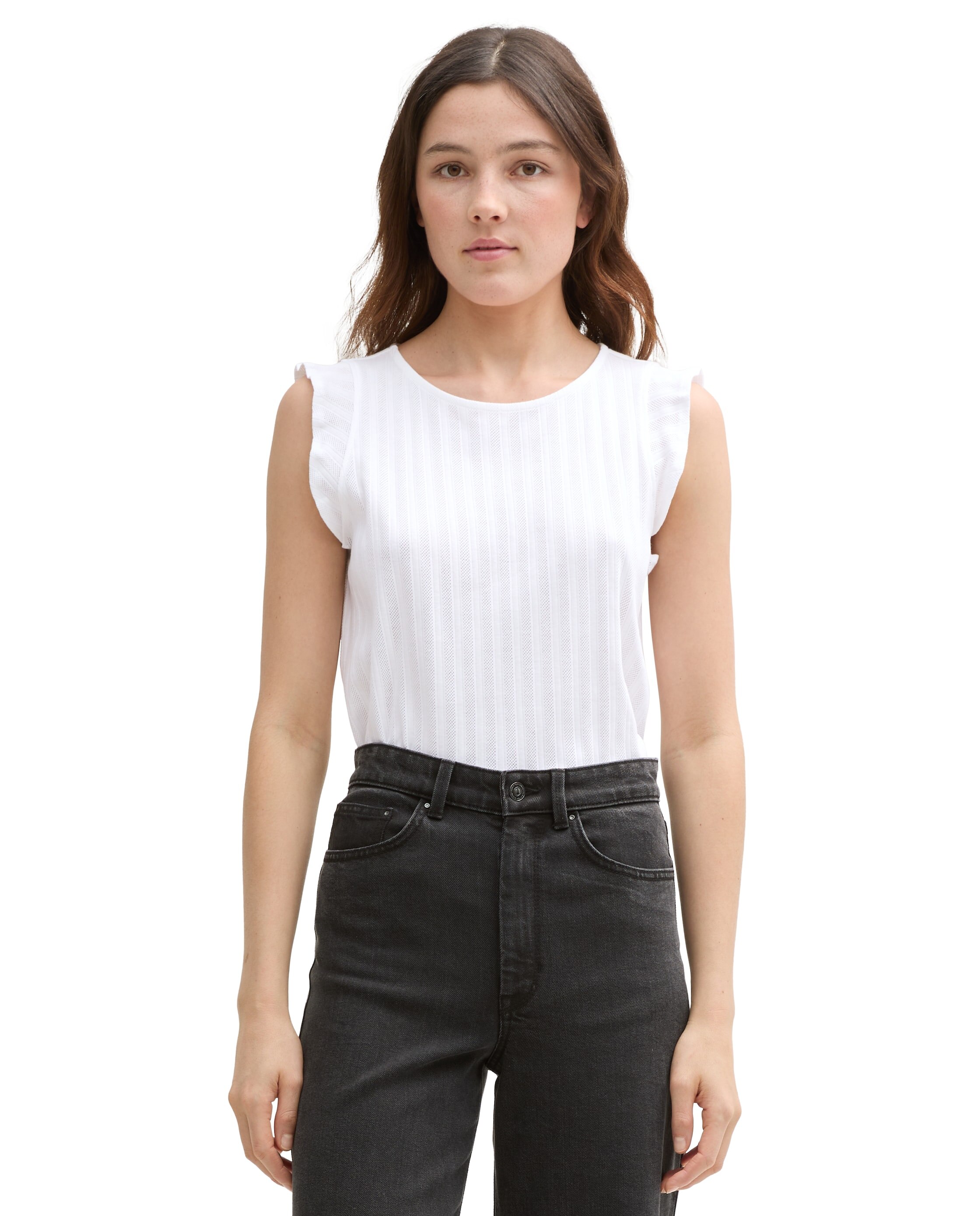 T-shirt sem Mangas com Folhos Branco-1