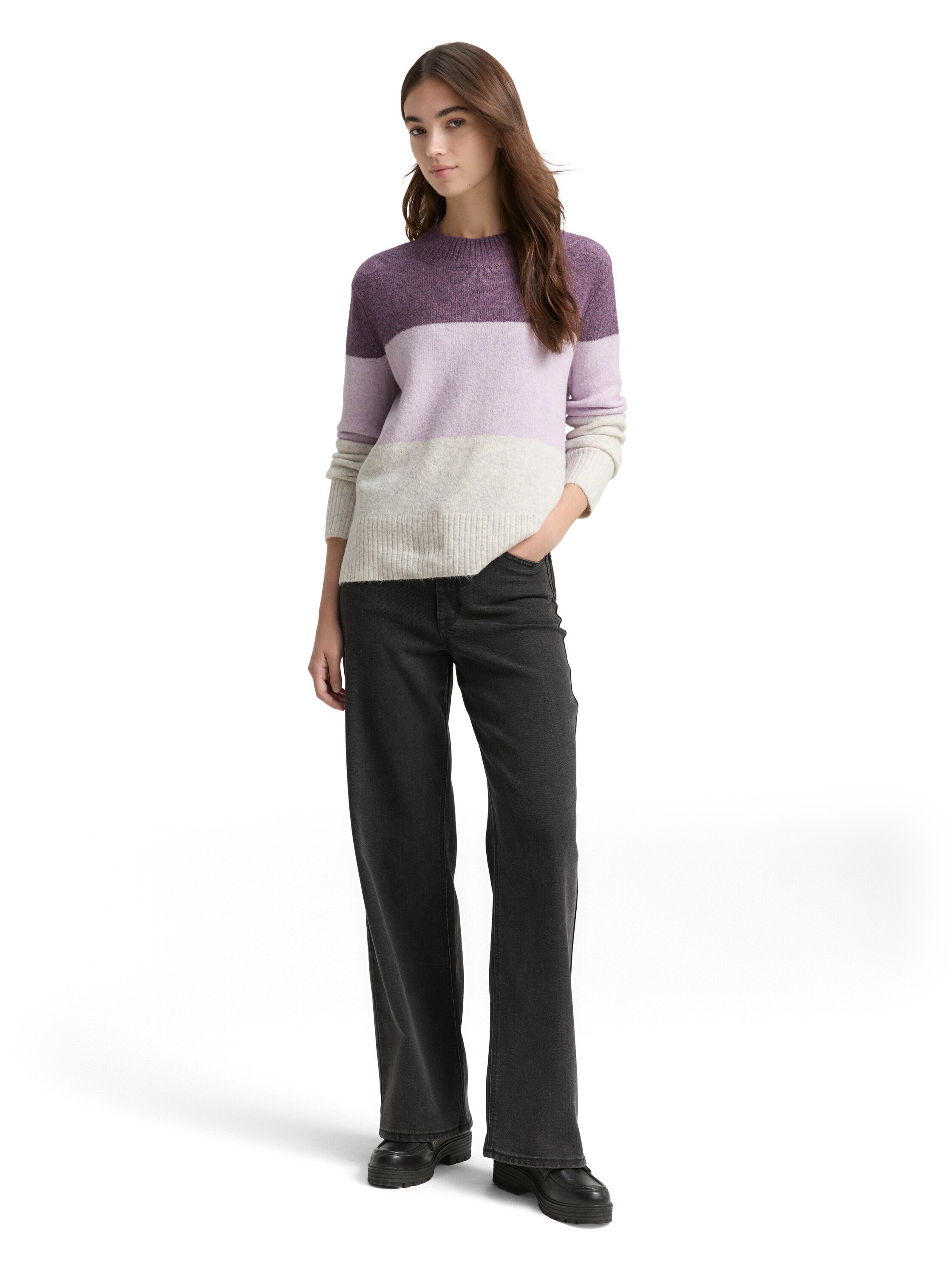 Camisola de Manga Comprida Acolhedora com Blocos de Cor Roxo-3