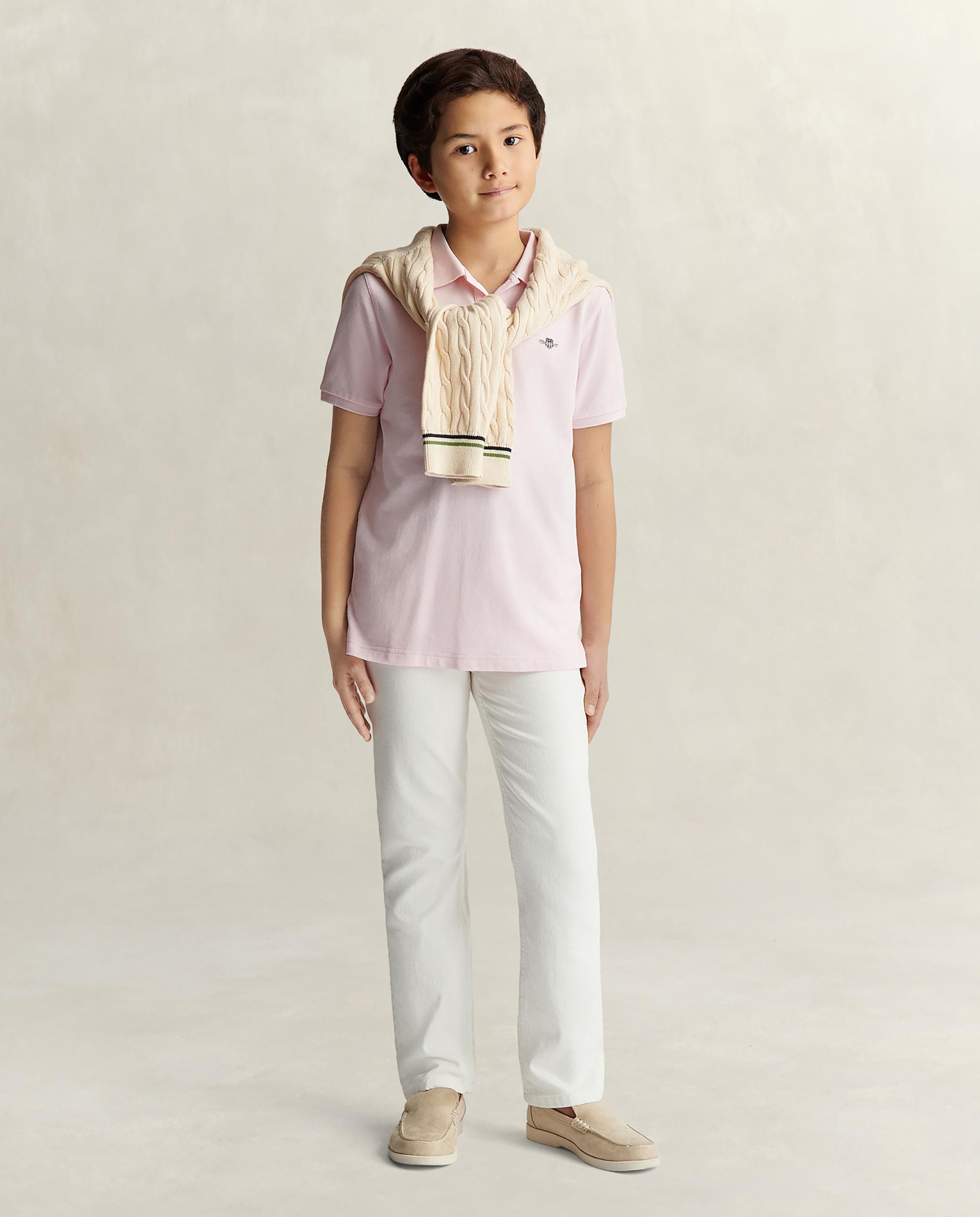 Polo de Manga Curta de Algodão Rosa-claro-4