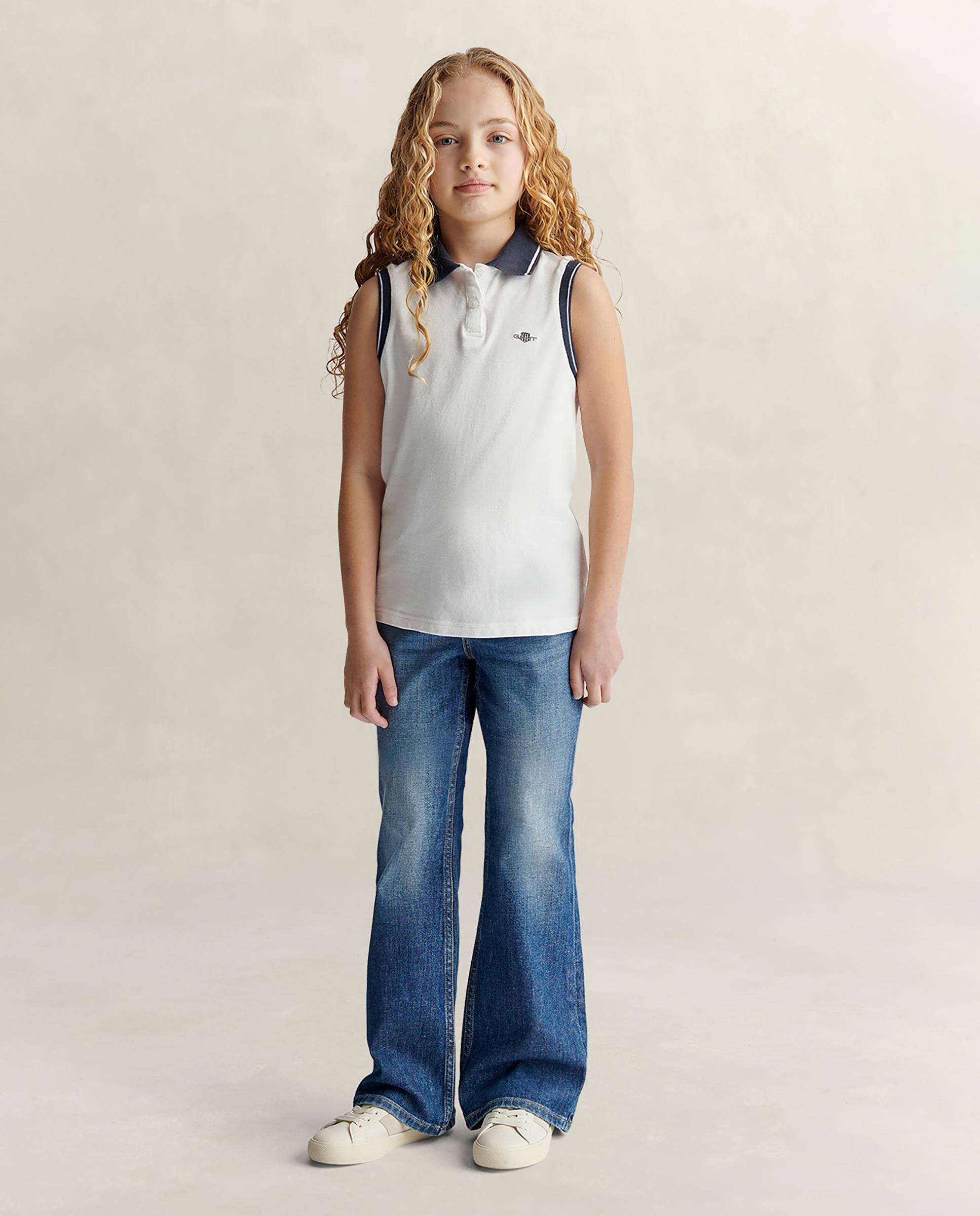 Polo Infantil sem Mangas com Gola em Contraste Gant Branco-5