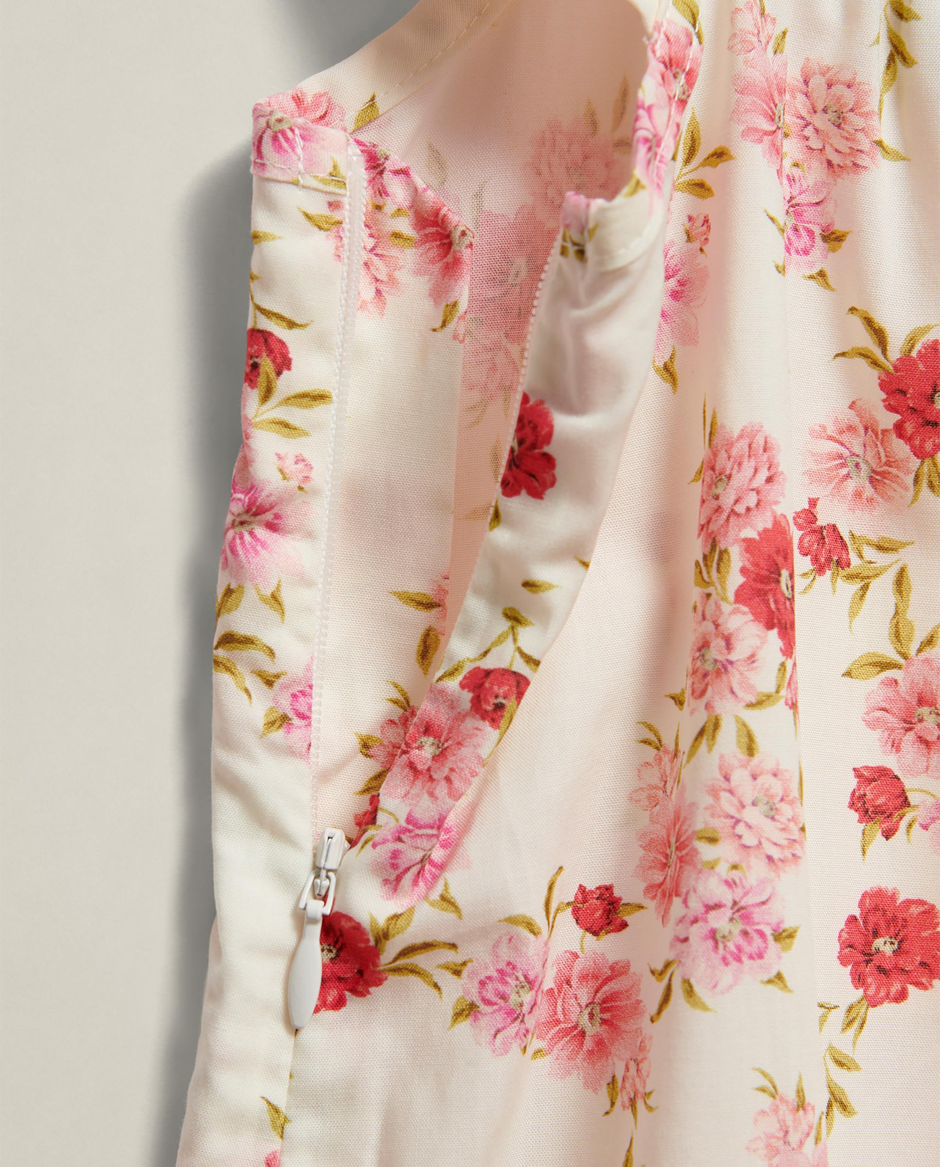 Vestido Estampado com Folhos nas Mangas Branco / Rosa-3