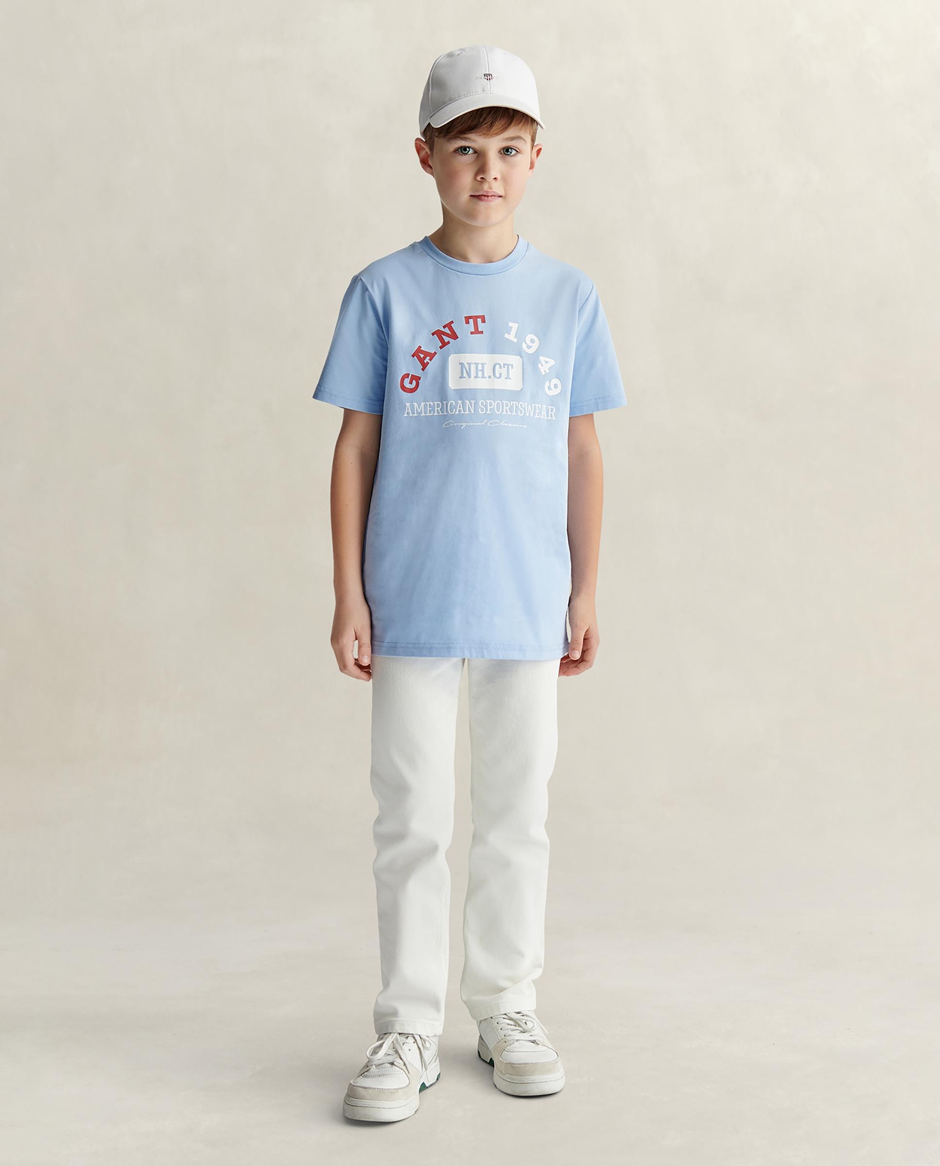 T-shirt Infantil de Manga Curta com Logo Frontal Gant Azul-claro-4