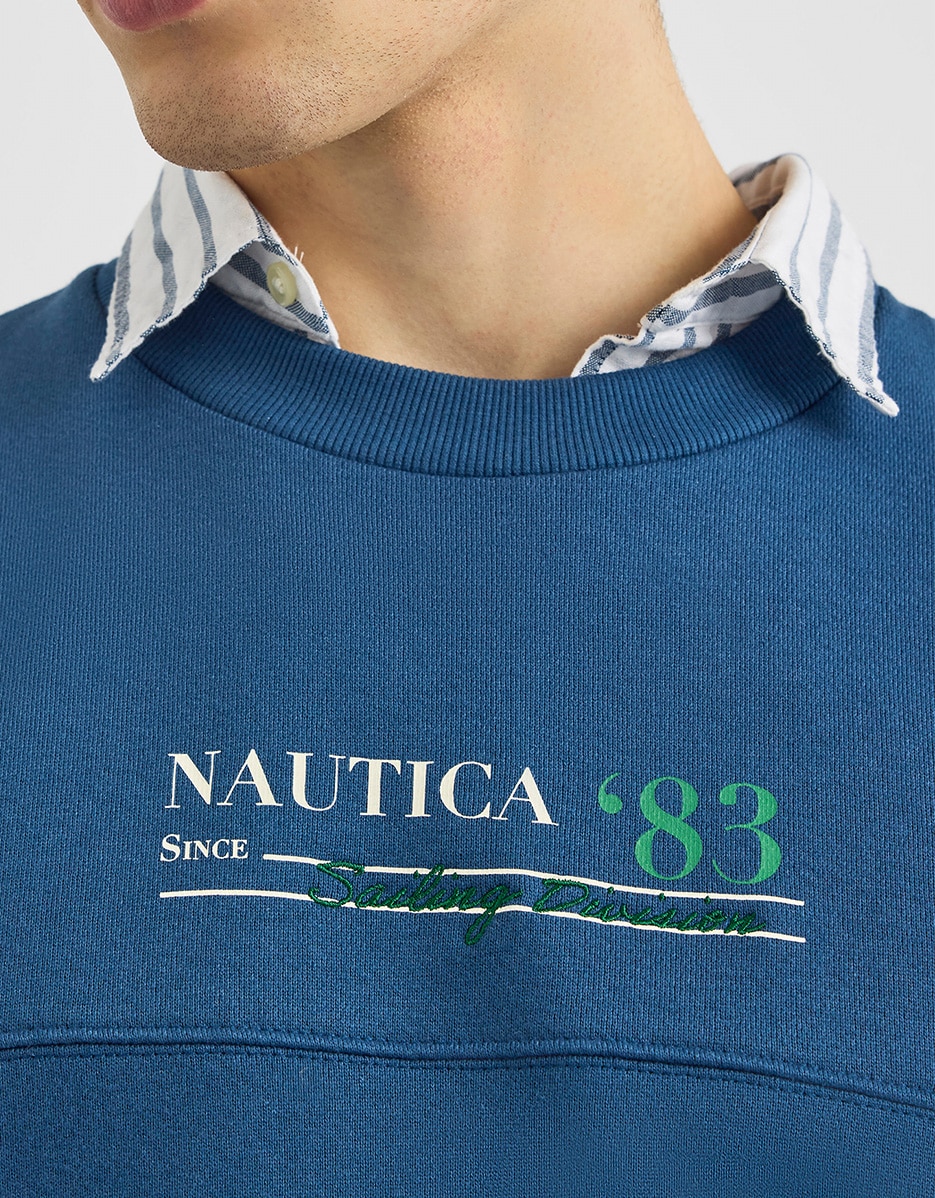 Sweatshirt de Gola Redonda com Desenho Frontal Azul-3