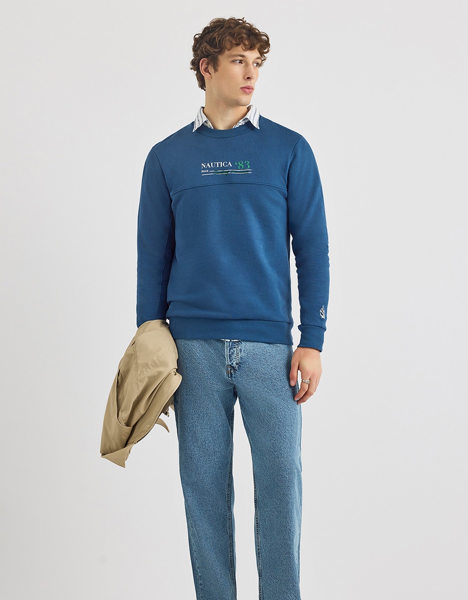 Sweatshirt de Gola Redonda com Desenho Frontal Azul-4