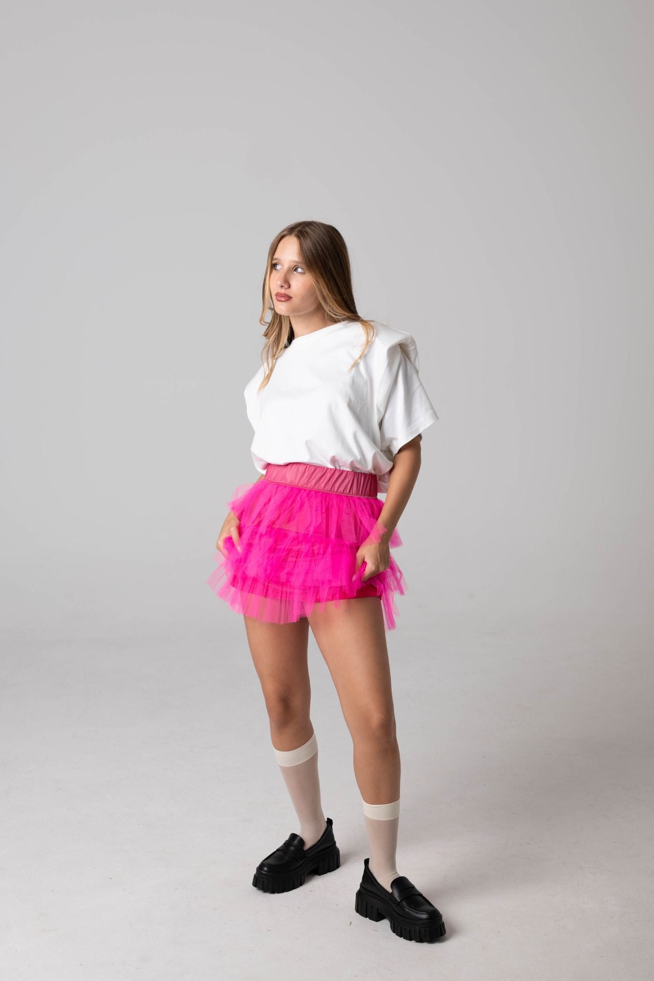 Minissaia Tule Folhos Fúcsia-2