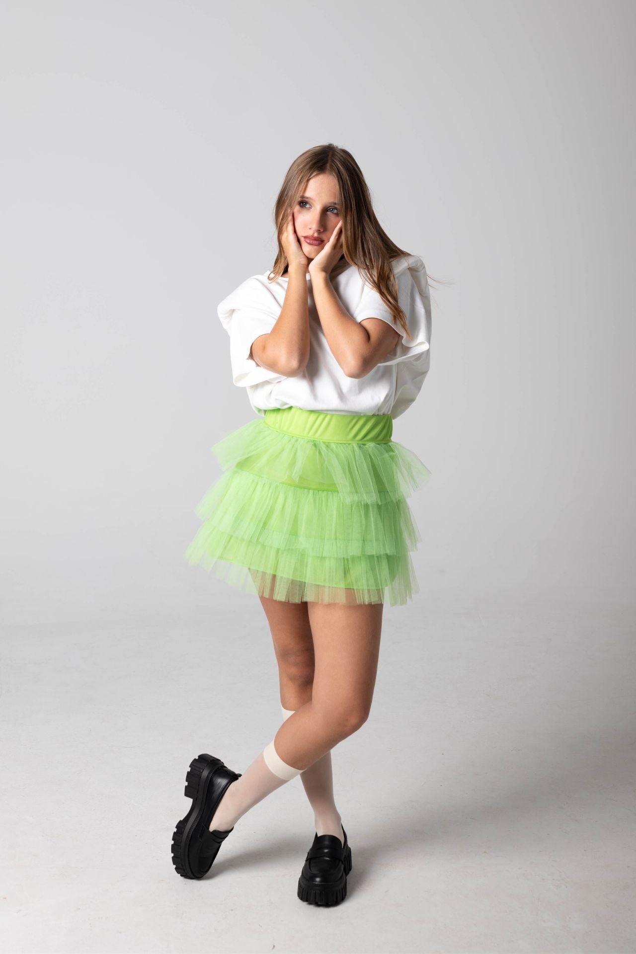 Minissaia Tule Folhos Verde-5