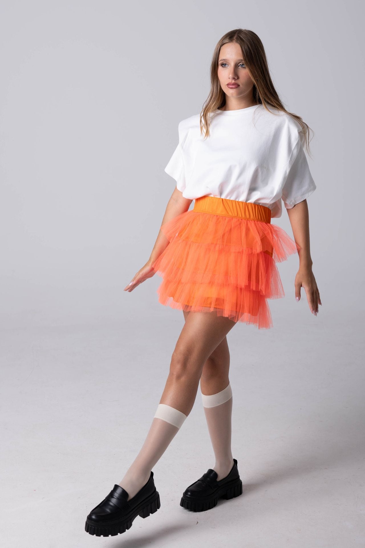 Minissaia Tule Folhos Laranja-2