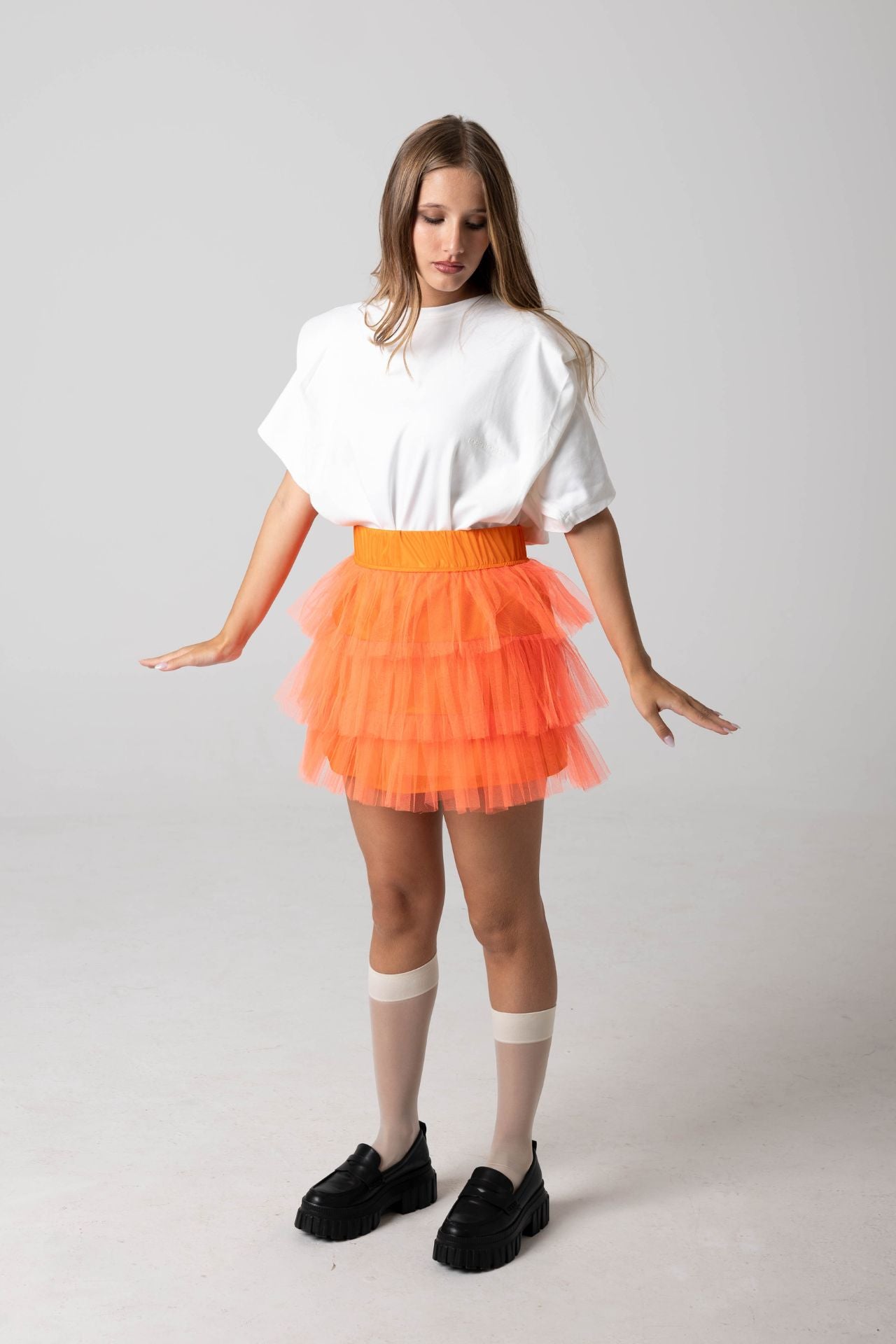 Minissaia Tule Folhos Laranja-3