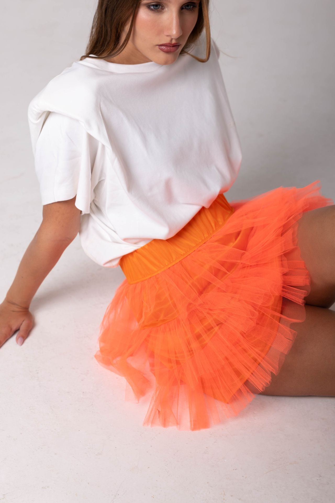 Minissaia Tule Folhos Laranja-4