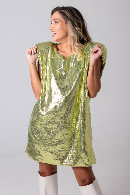 Imagem 0 de Vestido de lantejoulas com ombreiras e bolsos laterais