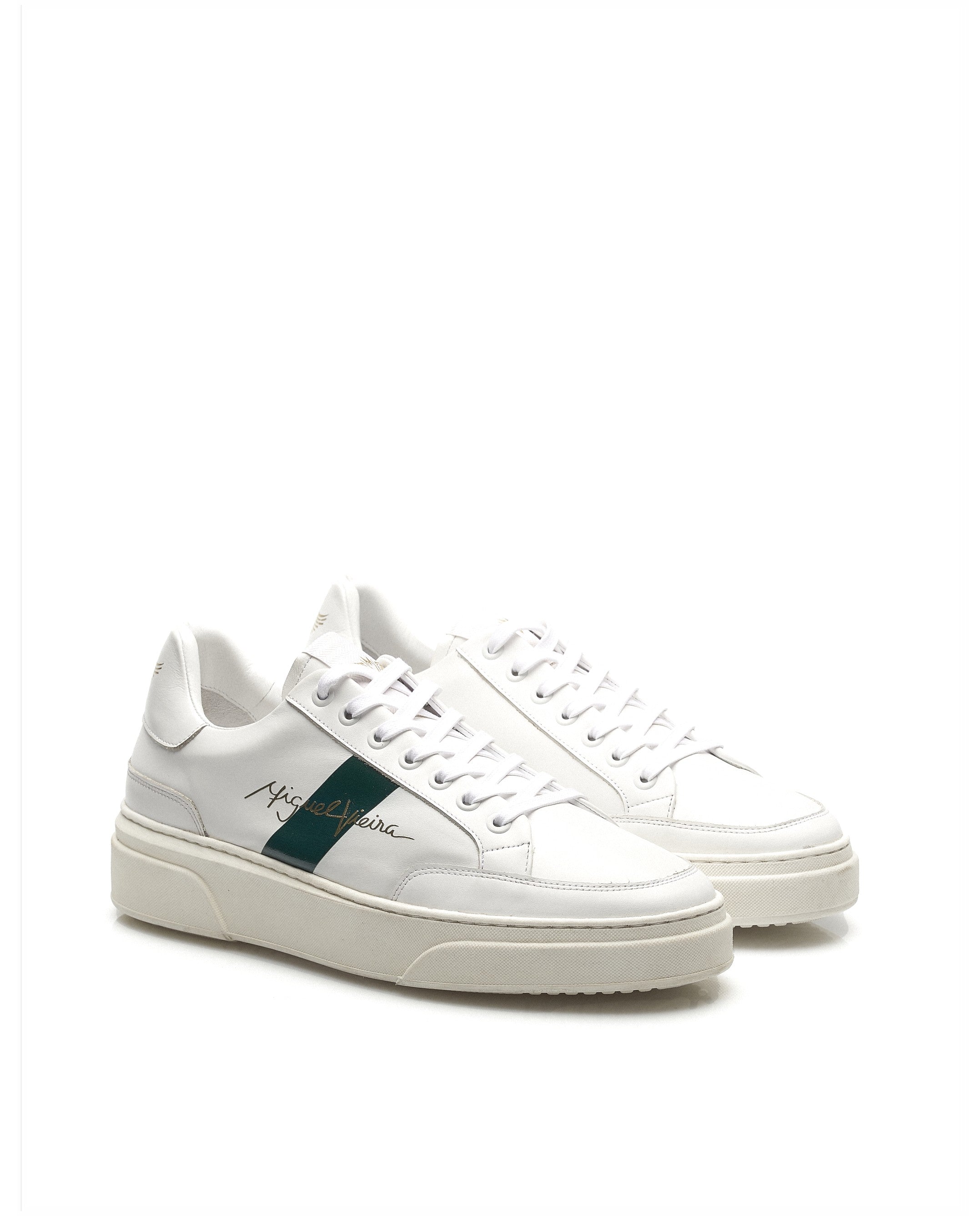 Sapatilhas em Pele de cor Branco, com detalhe Verde Escuro e assinatura Miguel Branco-3