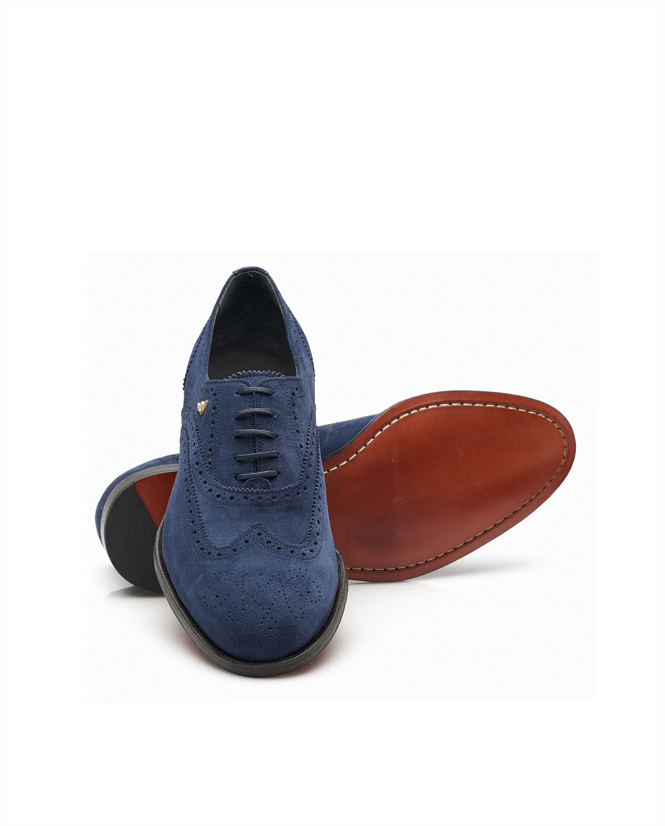 Oxford em suede, com cordões em algodão, forro em pele e detalhes brogue Miguel Vieira Azul-marinho-2