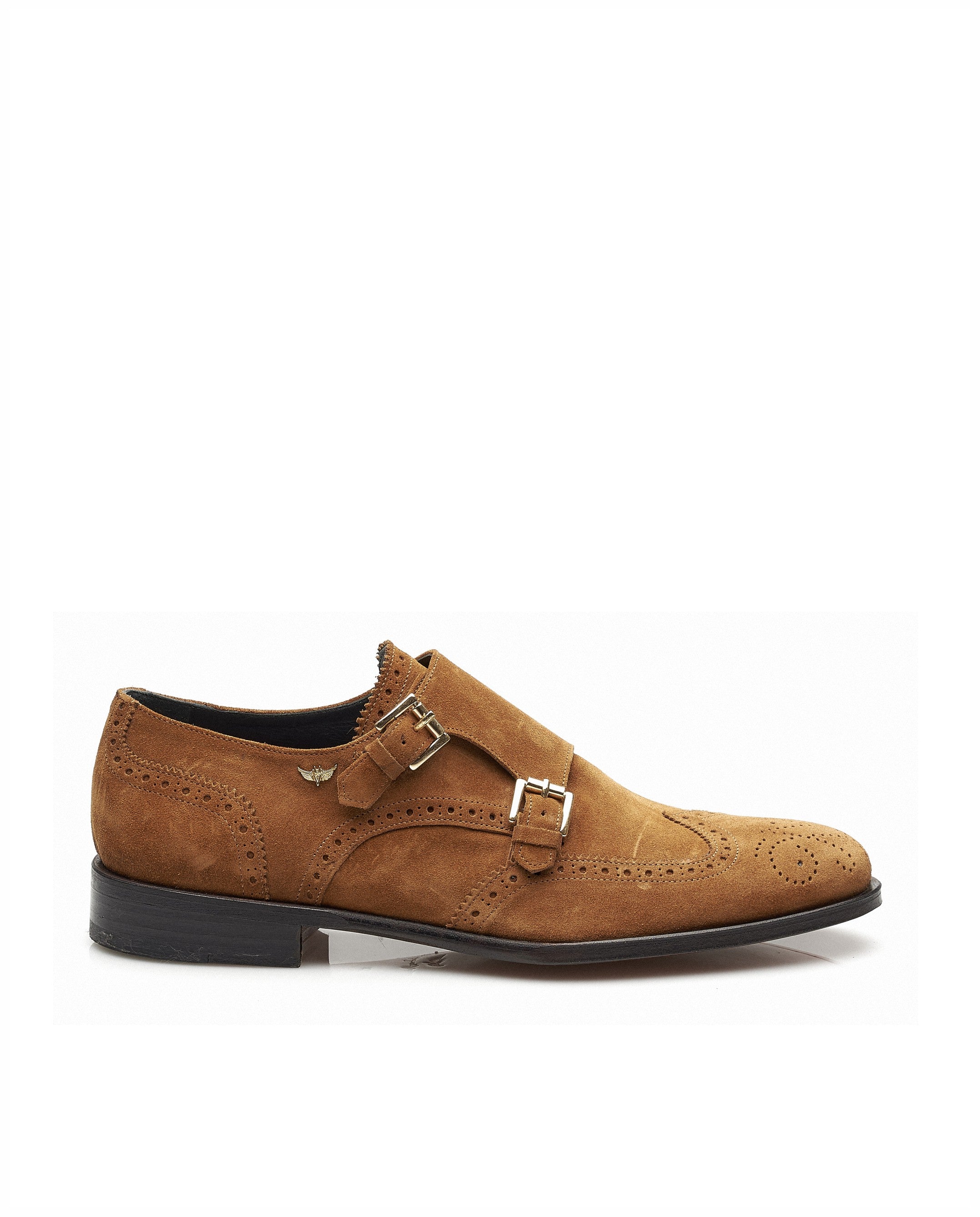 Monk em suede, com fivelas douradas, forro em pele e detalhes brogue Miguel Vieira Castanho-1