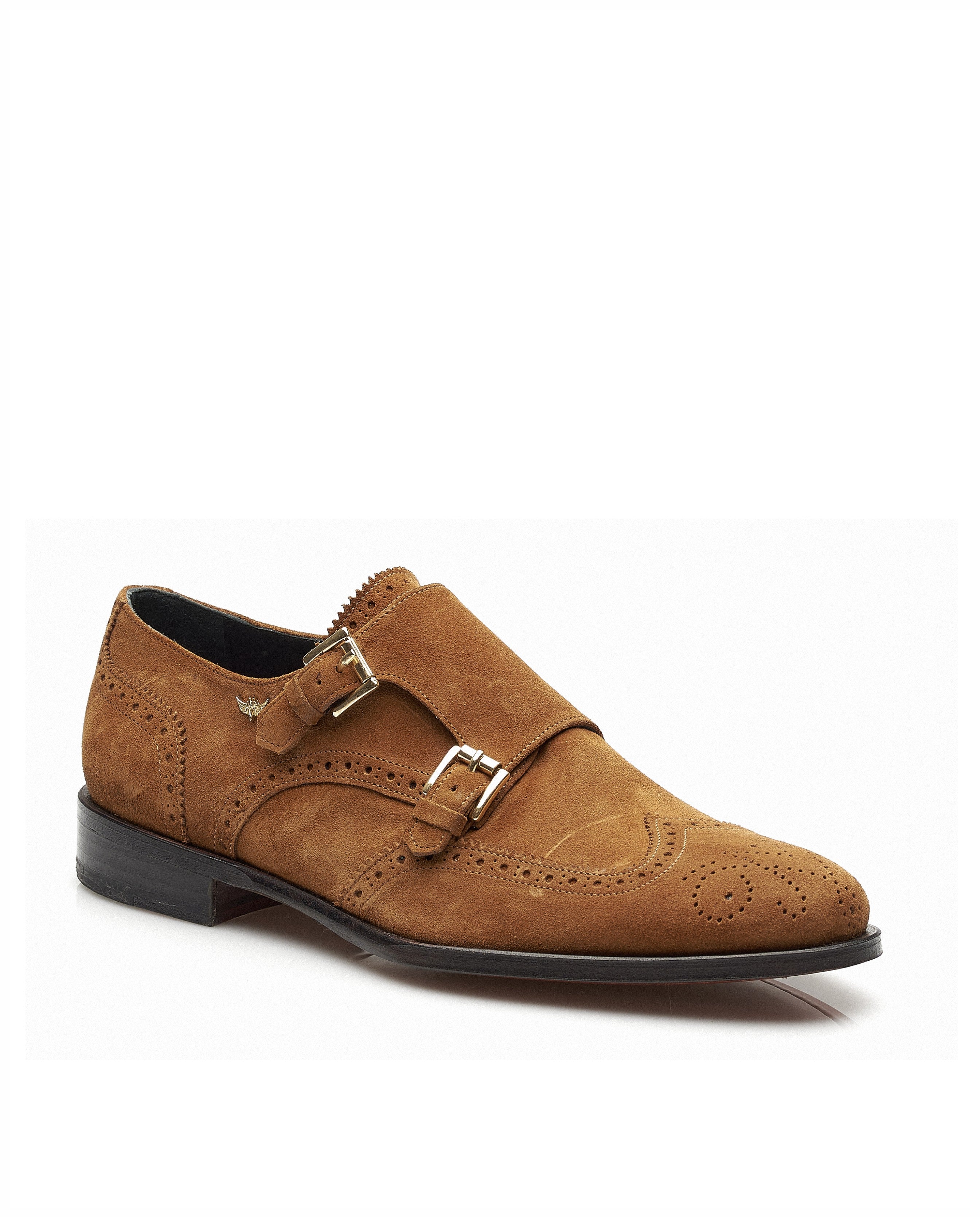 Monk em suede, com fivelas douradas, forro em pele e detalhes brogue Miguel Vieira Castanho-2