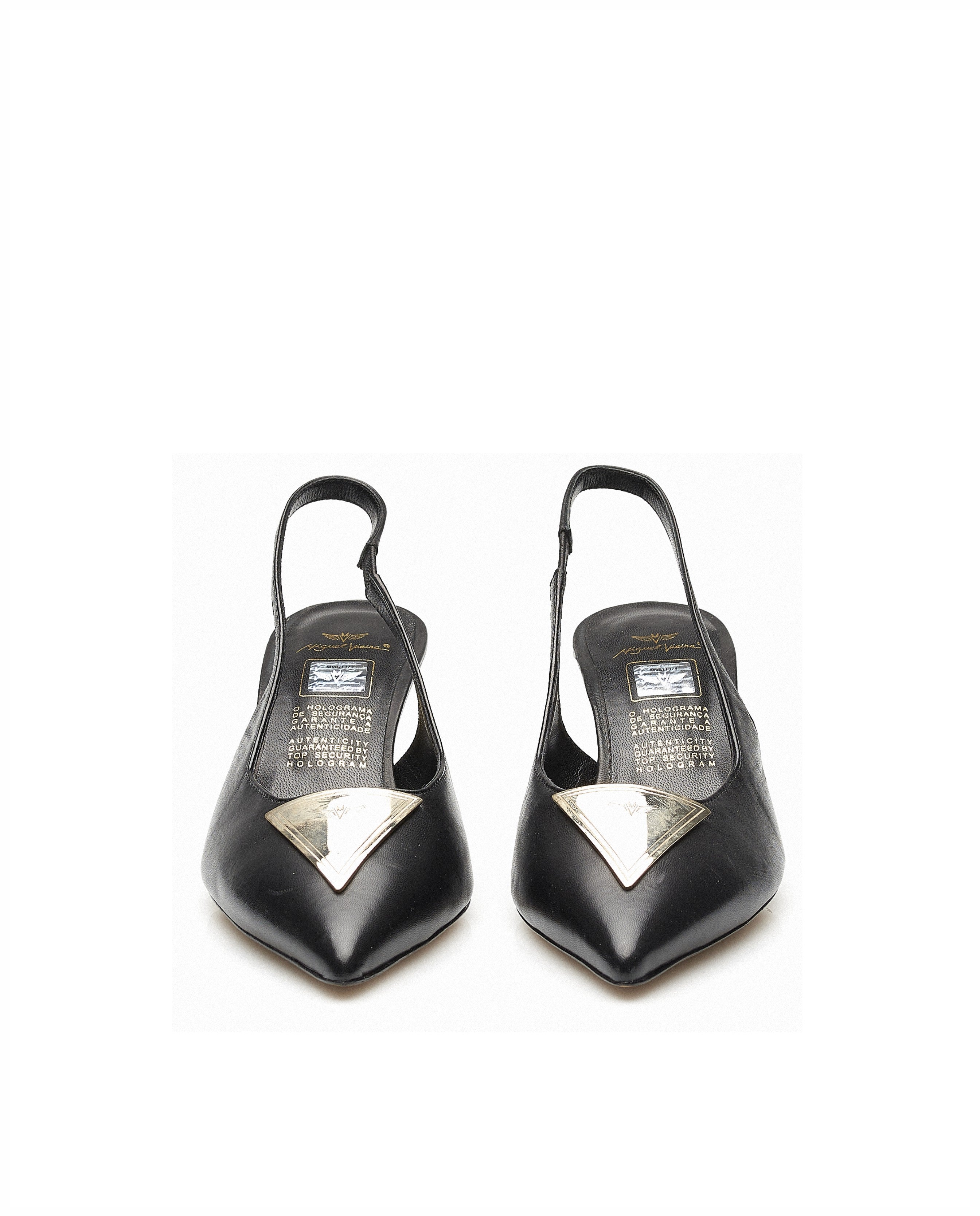 Slingback de salto Miguel Vieira em Pele, com aplicação dourada Preto-2