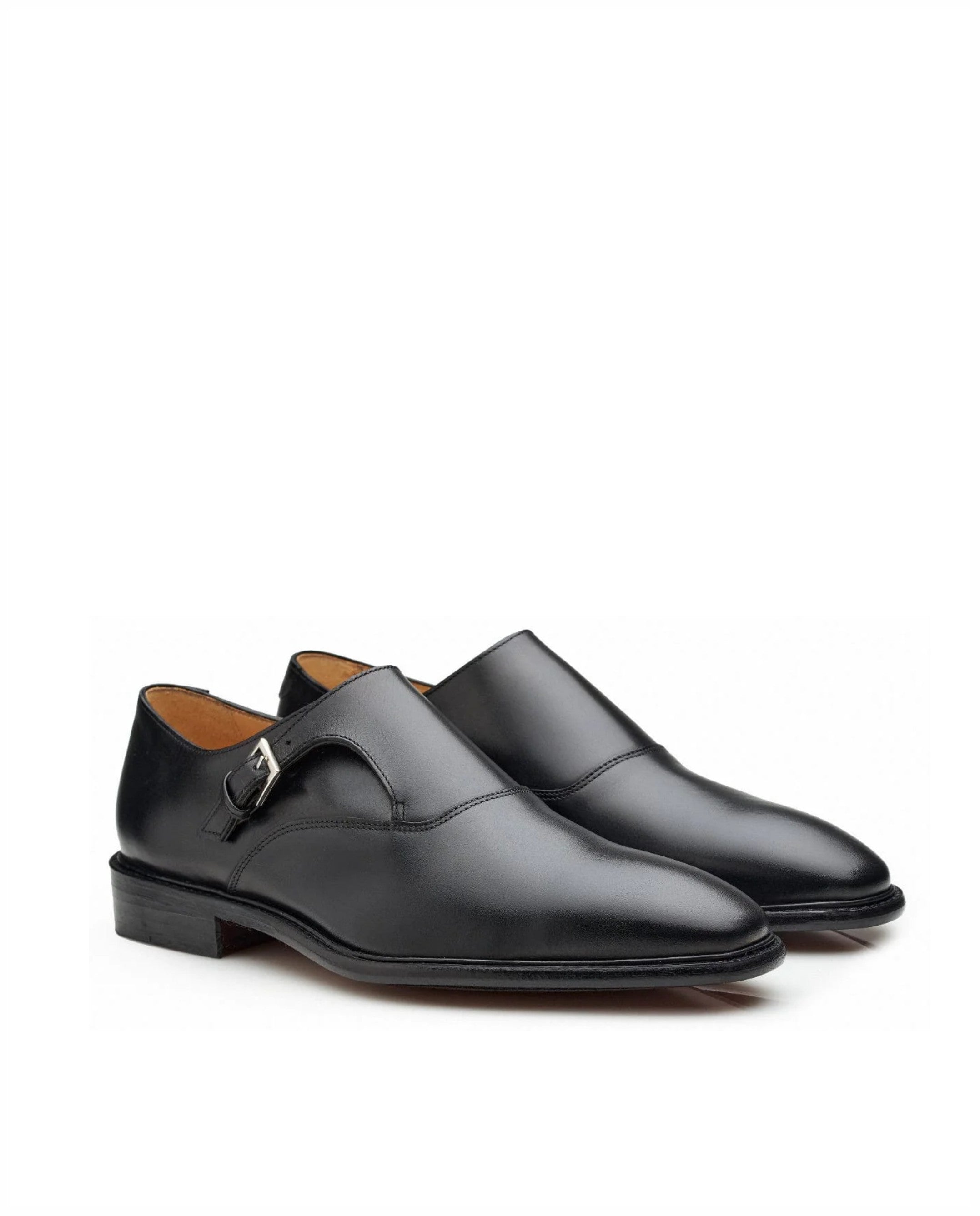 Monk elegante em pele com fivela quadrada e sola em couro Preto-3