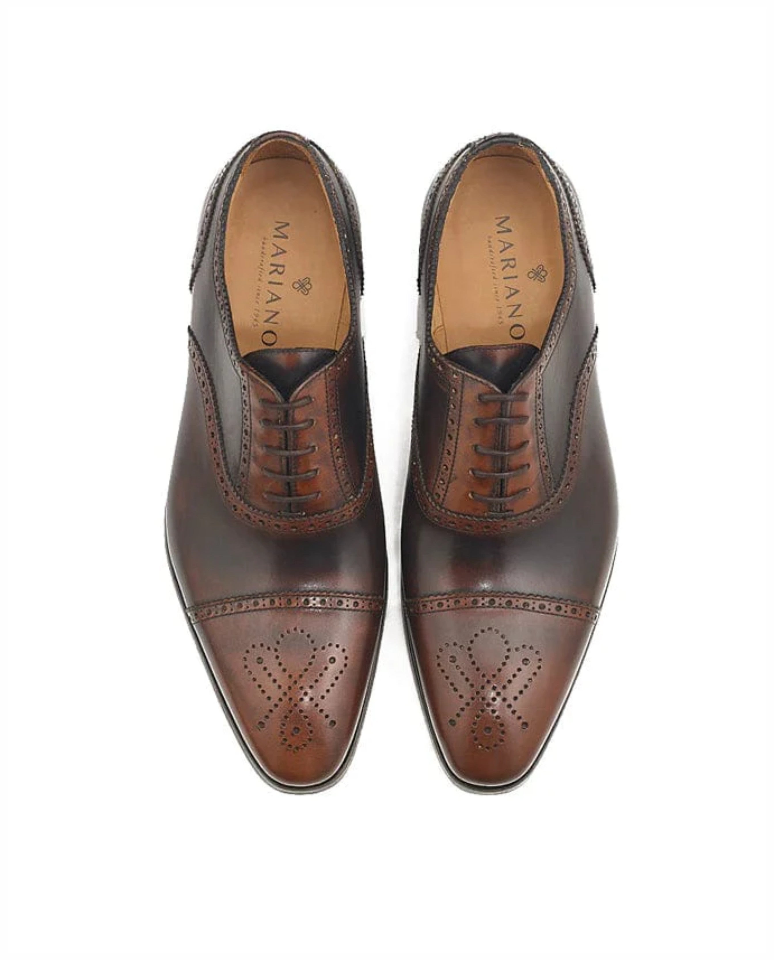 Oxford Brogue elegantes em pele e sola em couro Castanho-2