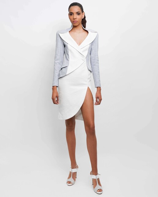 Imagem 0 de Vestido robemanteau assimétrico bicolor gola larga arredondada - Branco