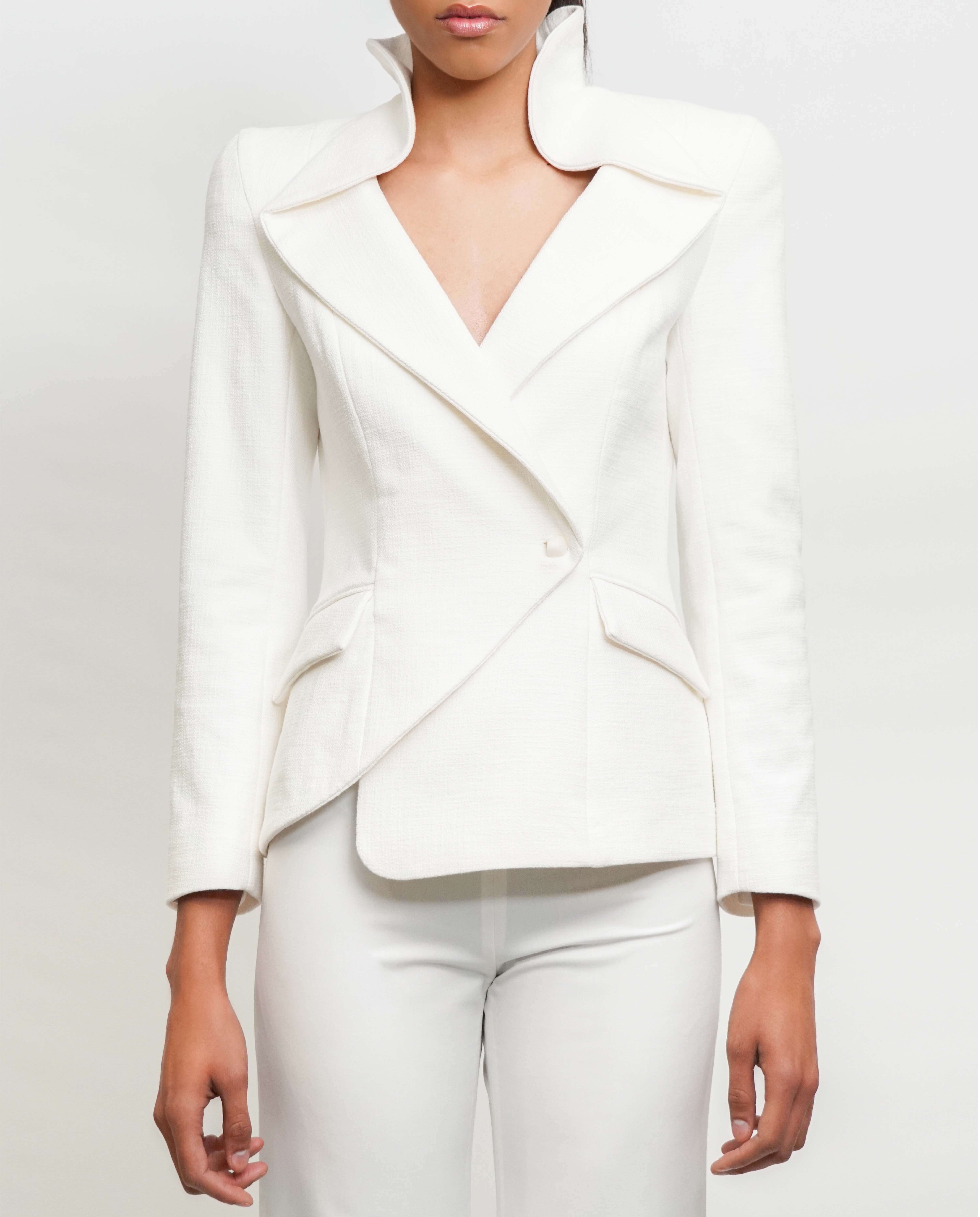 Blazer assimétrico ajustado gola e lapela larga ombros largos - Branco Branco-2