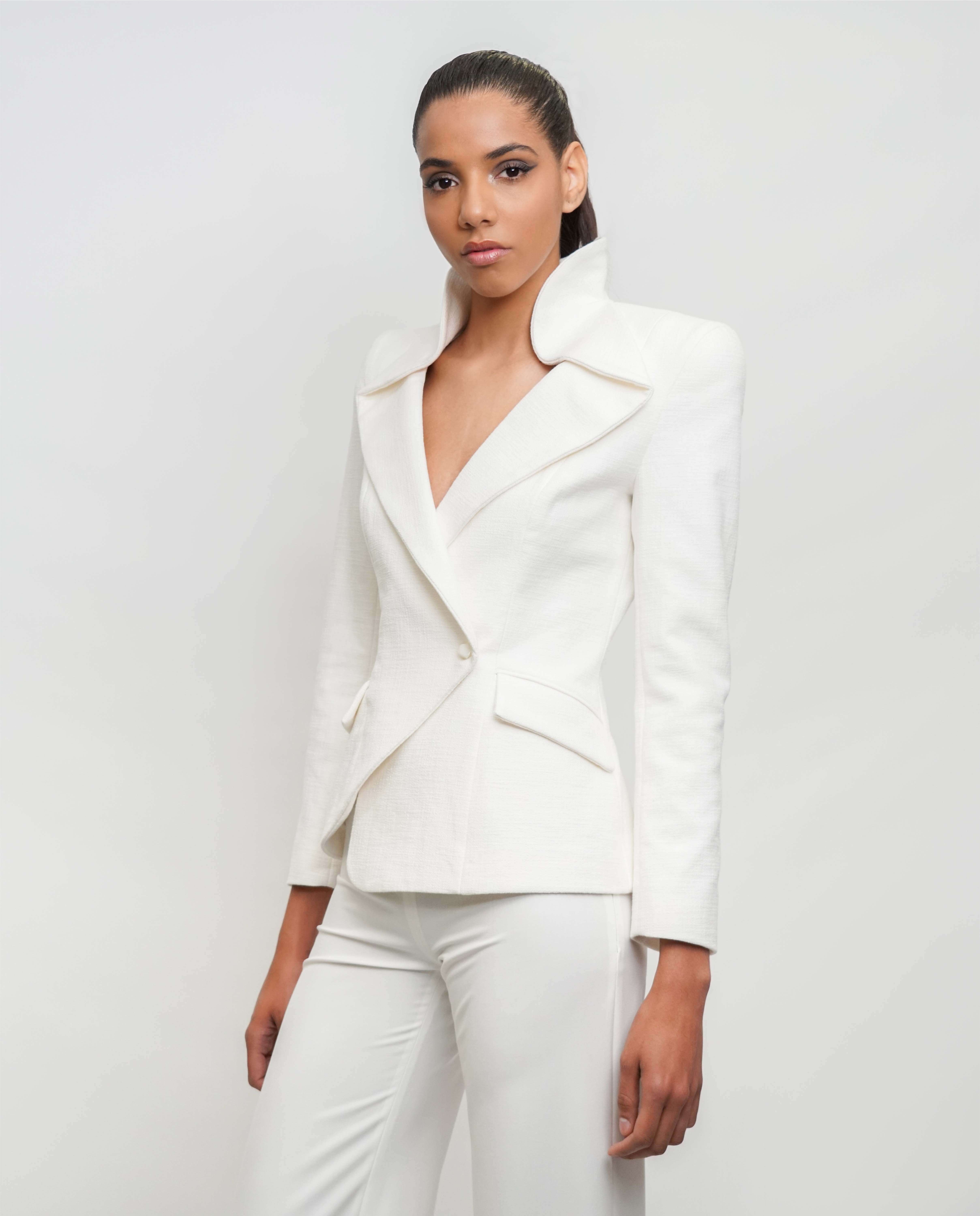 Blazer assimétrico ajustado gola e lapela larga ombros largos - Branco Branco-4