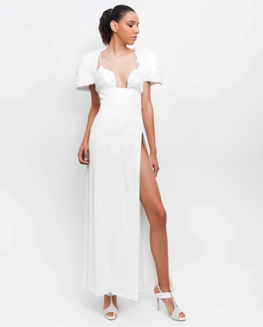Imagem 0 de Vestido comprido abertura perna decote redondo alças e capa rosas - Branco