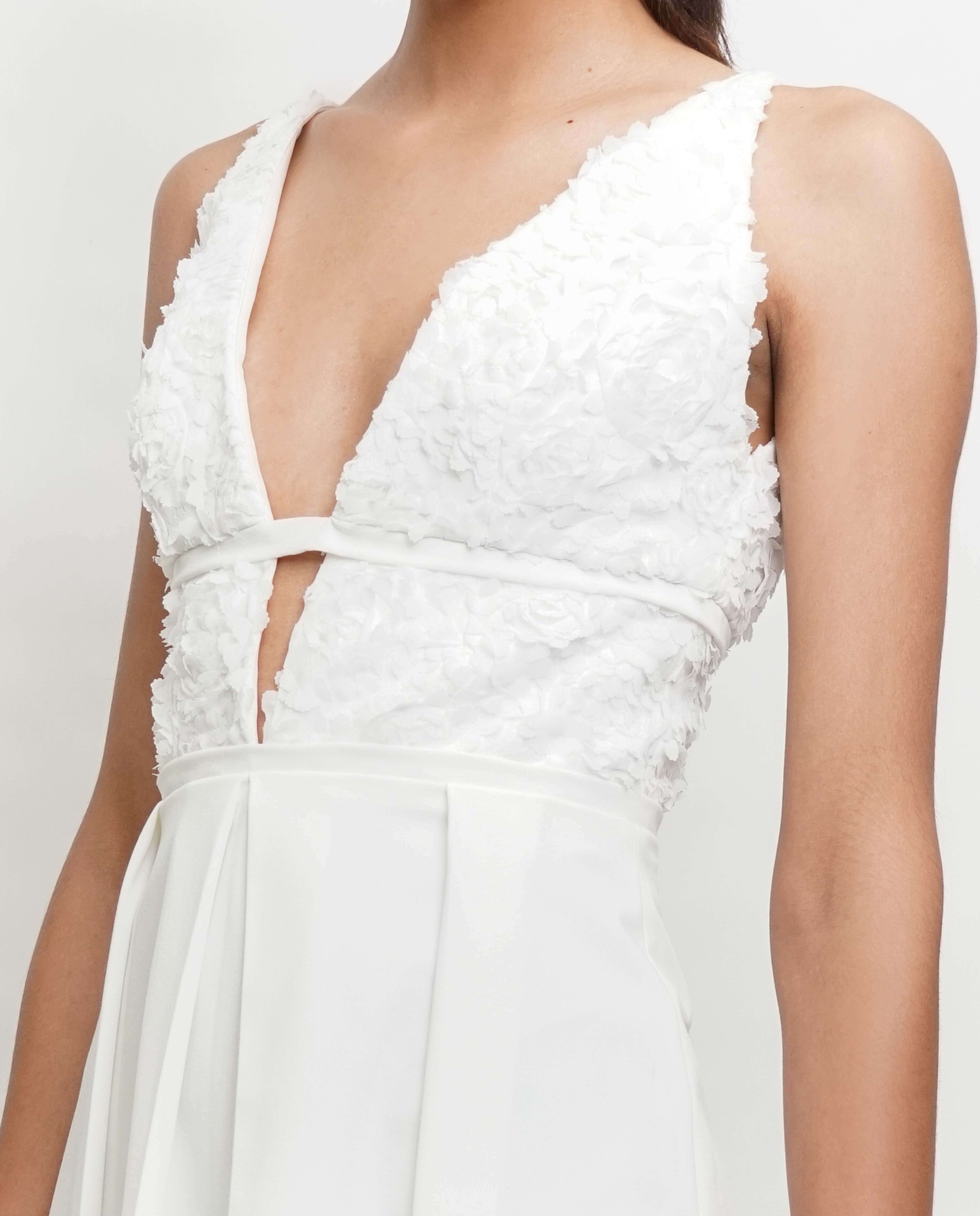 Vestido curto decote V macho e pregas e mistura materiais - Branco Branco-4