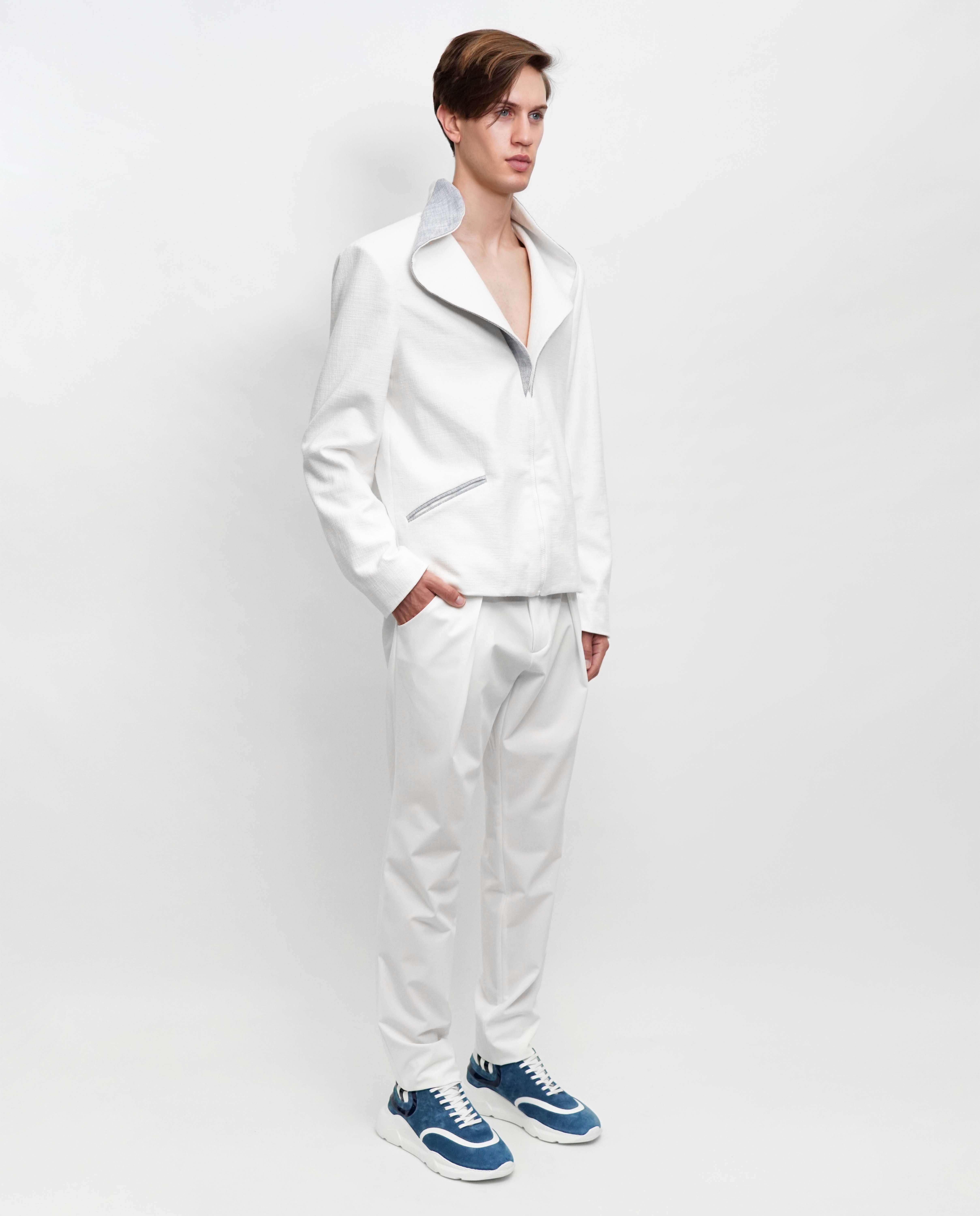 Blusão bicolor com gola gráfica e fecho - Branco Azul-4