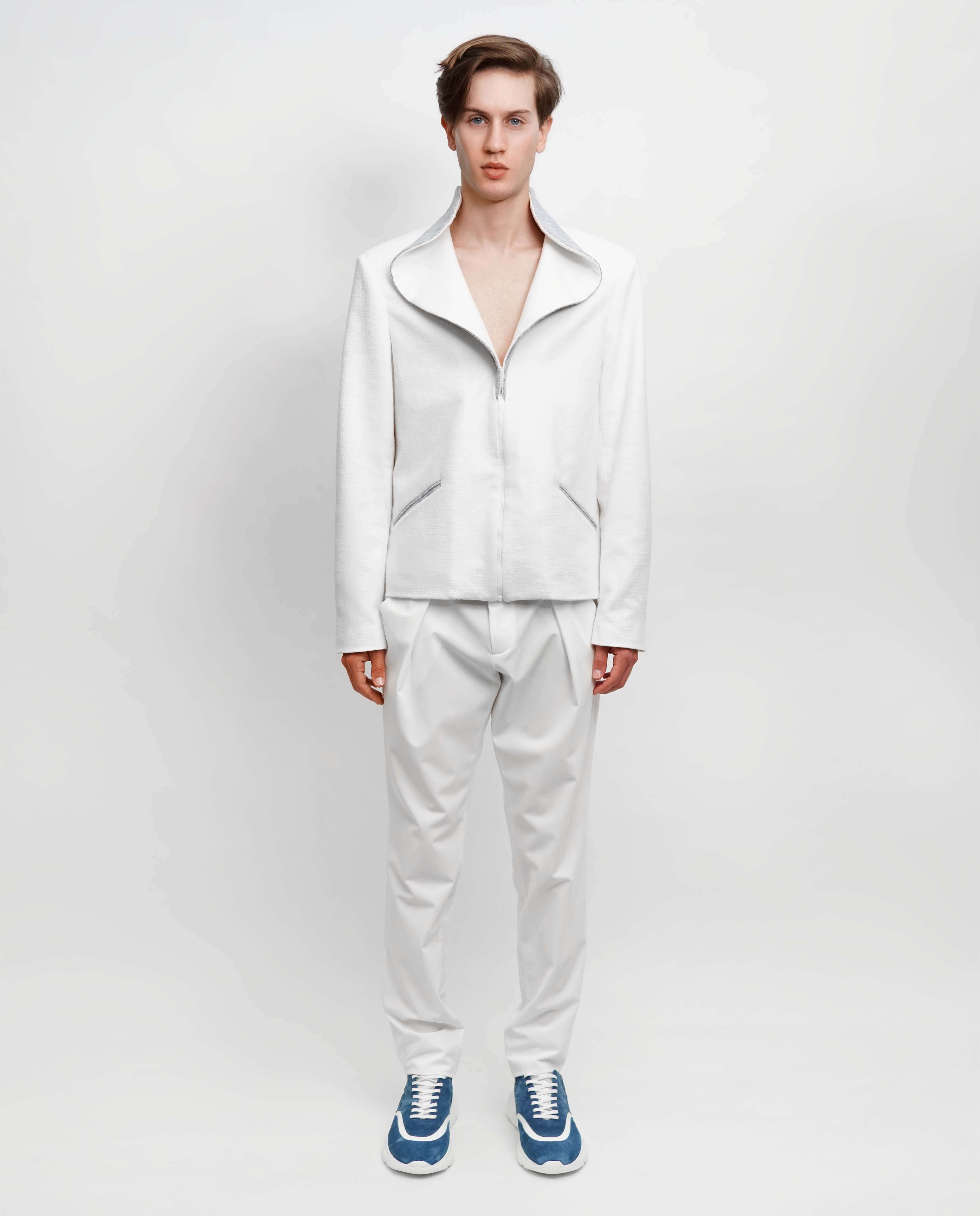 Blusão bicolor com gola gráfica e fecho - Branco Azul-5