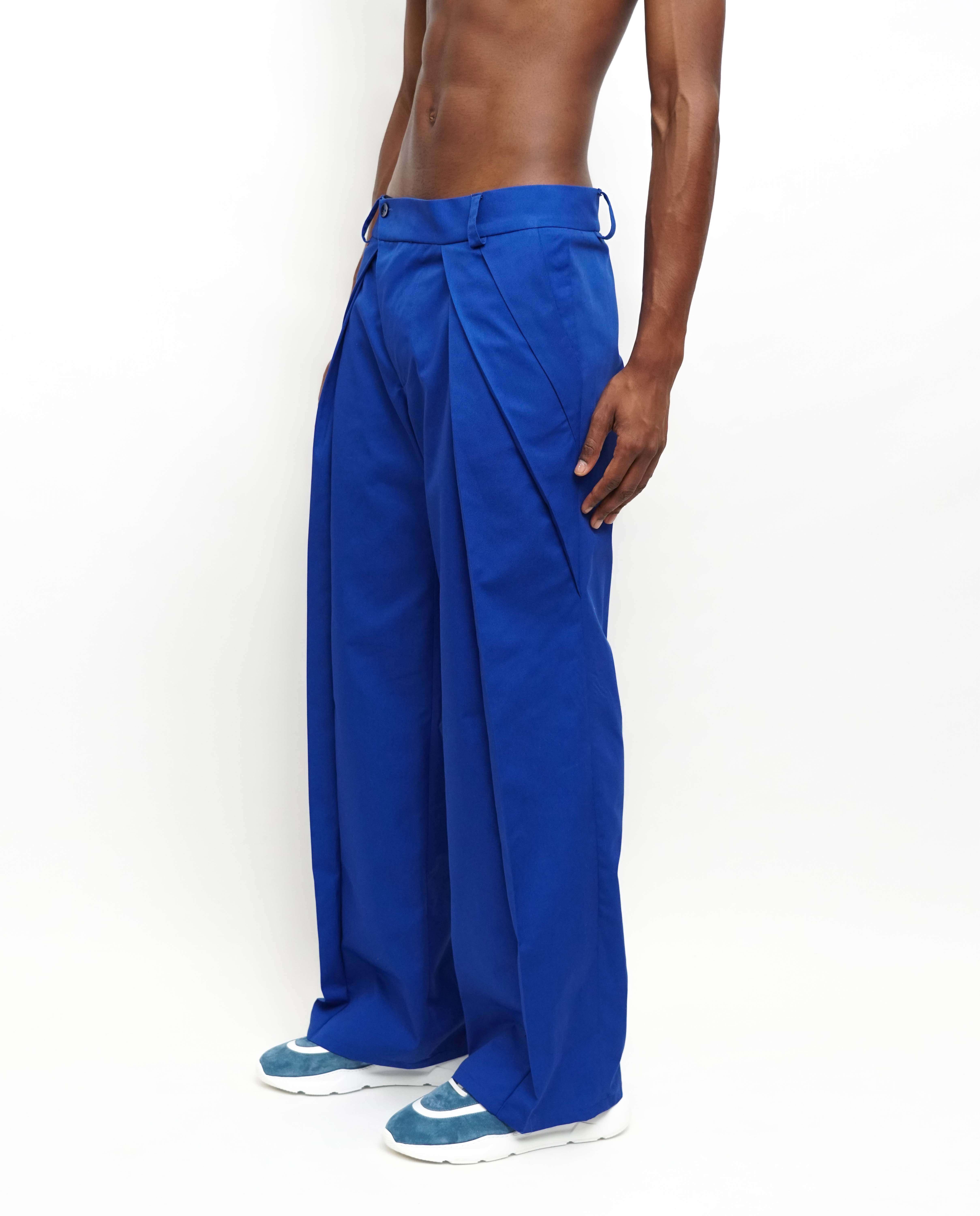 Calças assimétricas com pregas e perna larga - Azul Azul-2