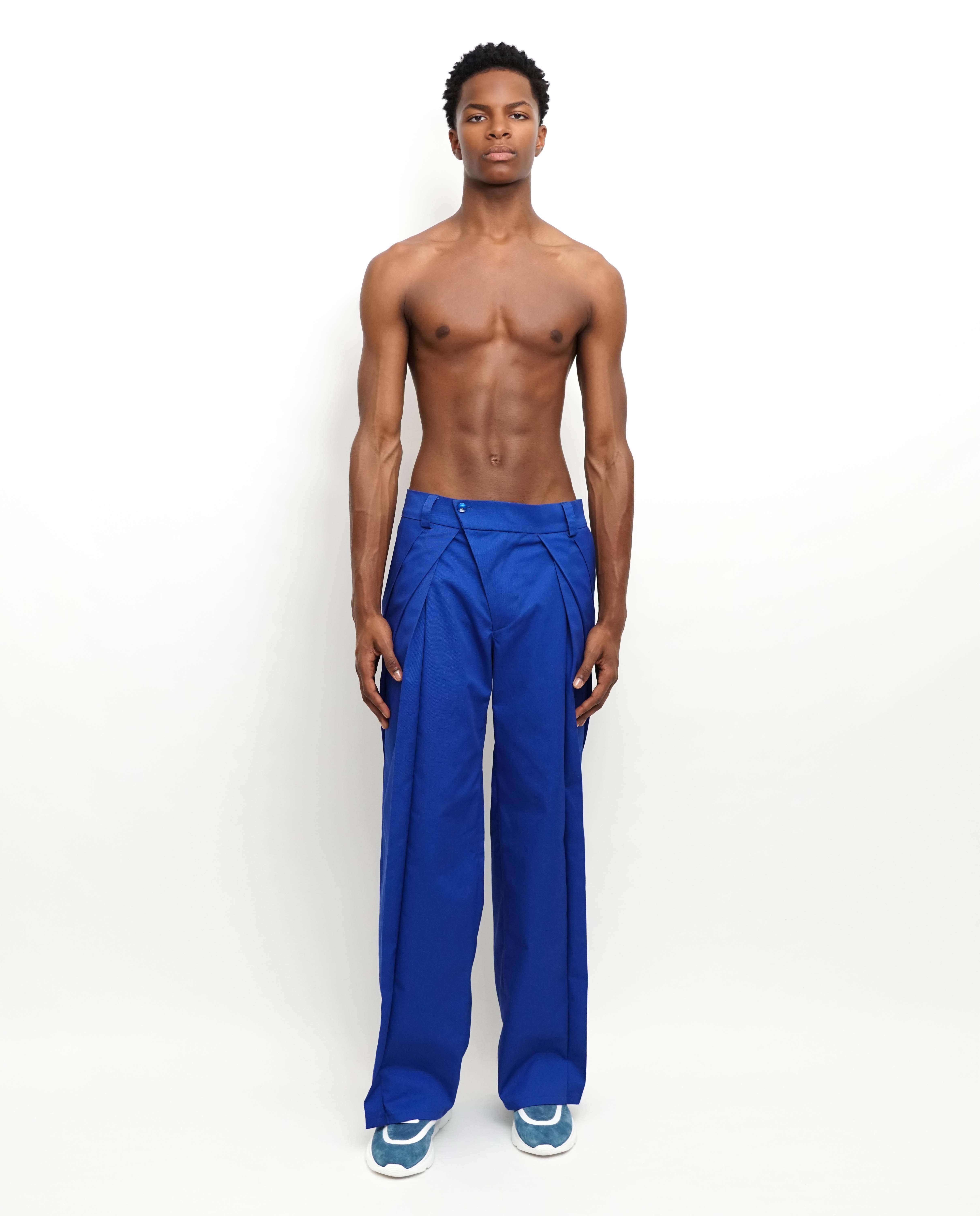 Calças assimétricas com pregas e perna larga - Azul Azul-4