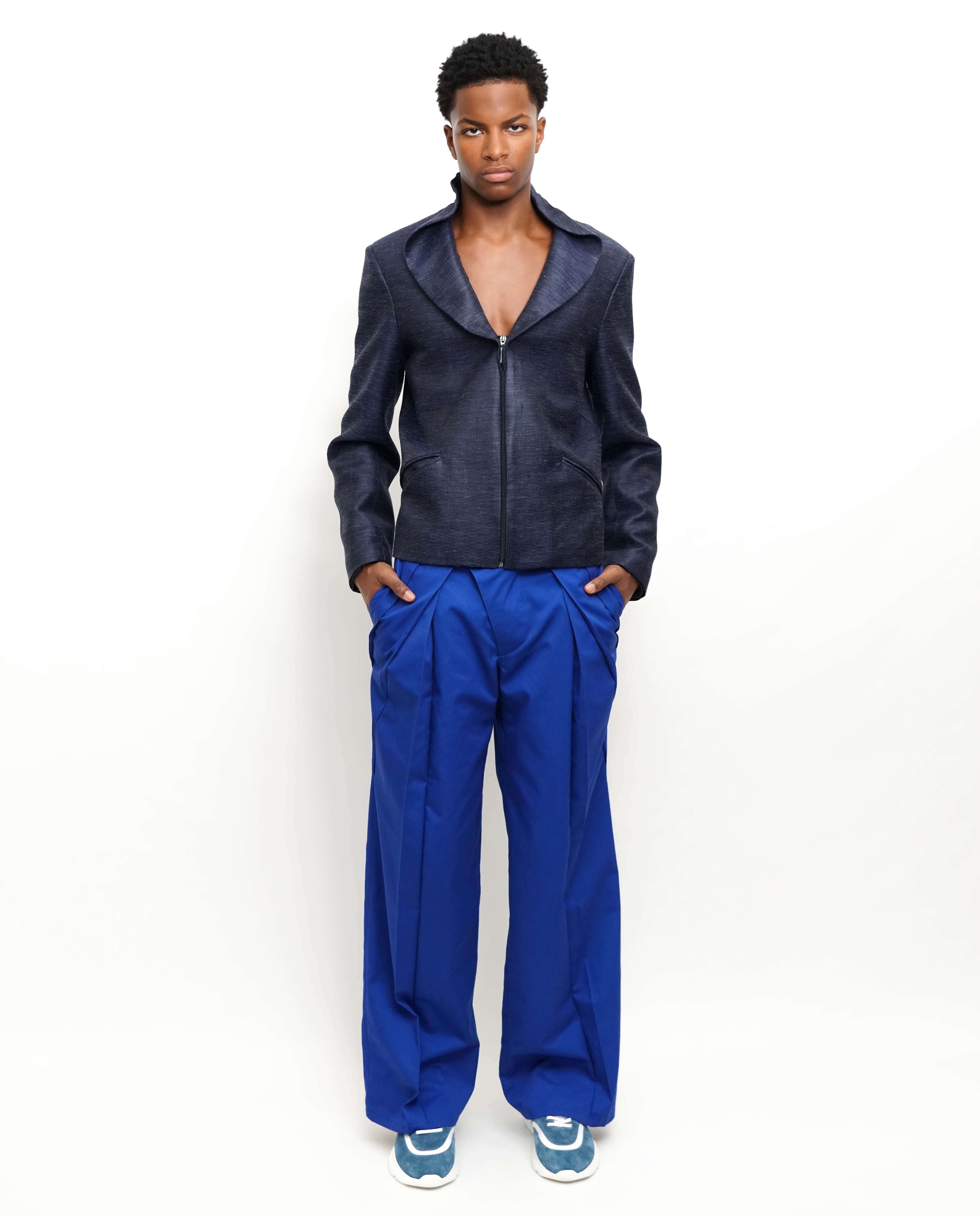 Calças assimétricas com pregas e perna larga - Azul Azul-5