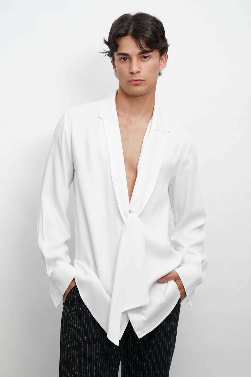 Camisa fluída com gola e banda com pontas compridas Branco-1