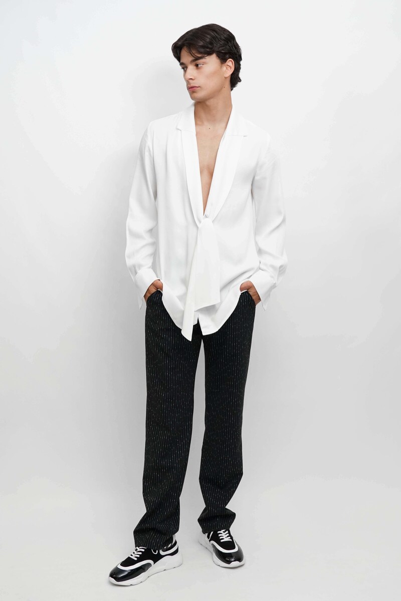 Camisa fluída com gola e banda com pontas compridas Branco-2