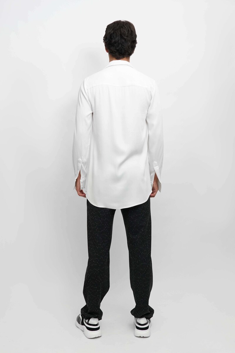 Camisa fluída com gola e banda com pontas compridas Branco-4