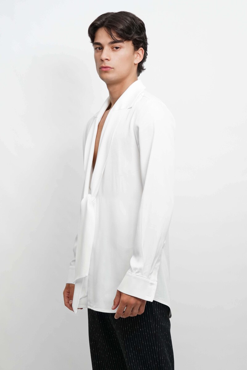 Camisa fluída com gola e banda com pontas compridas Branco-5