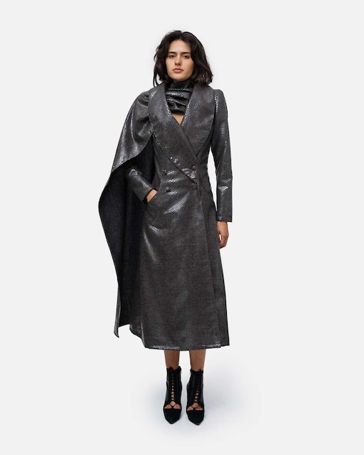 Imagem 0 de Sobretudo em lã cruzado com gola larga e echarpe comprida saida da gola  - Cinzento