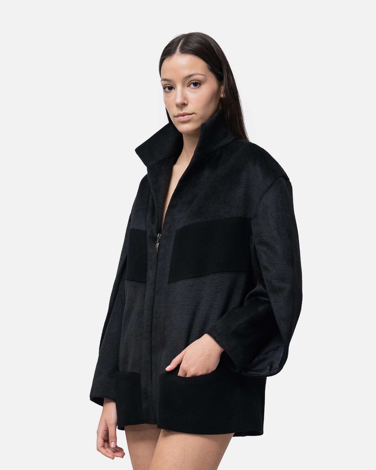 Casaco em lã e alpaca oversize mix materiais Preto-2