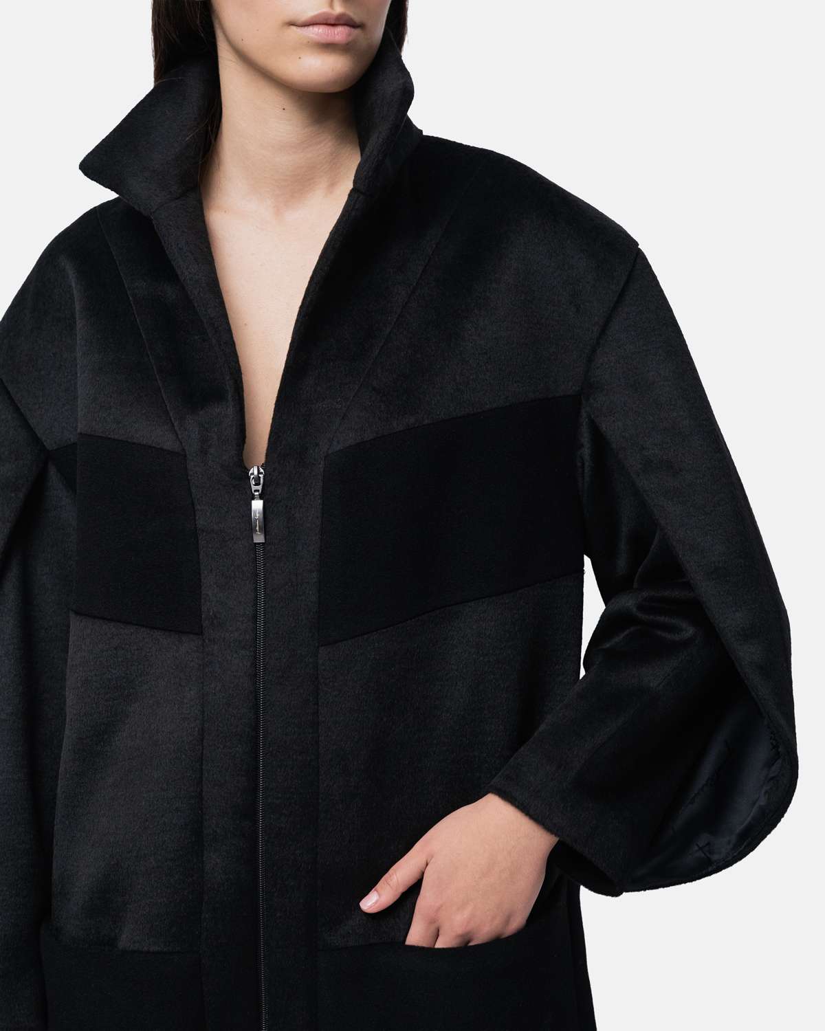 Casaco em lã e alpaca oversize mix materiais Preto-4