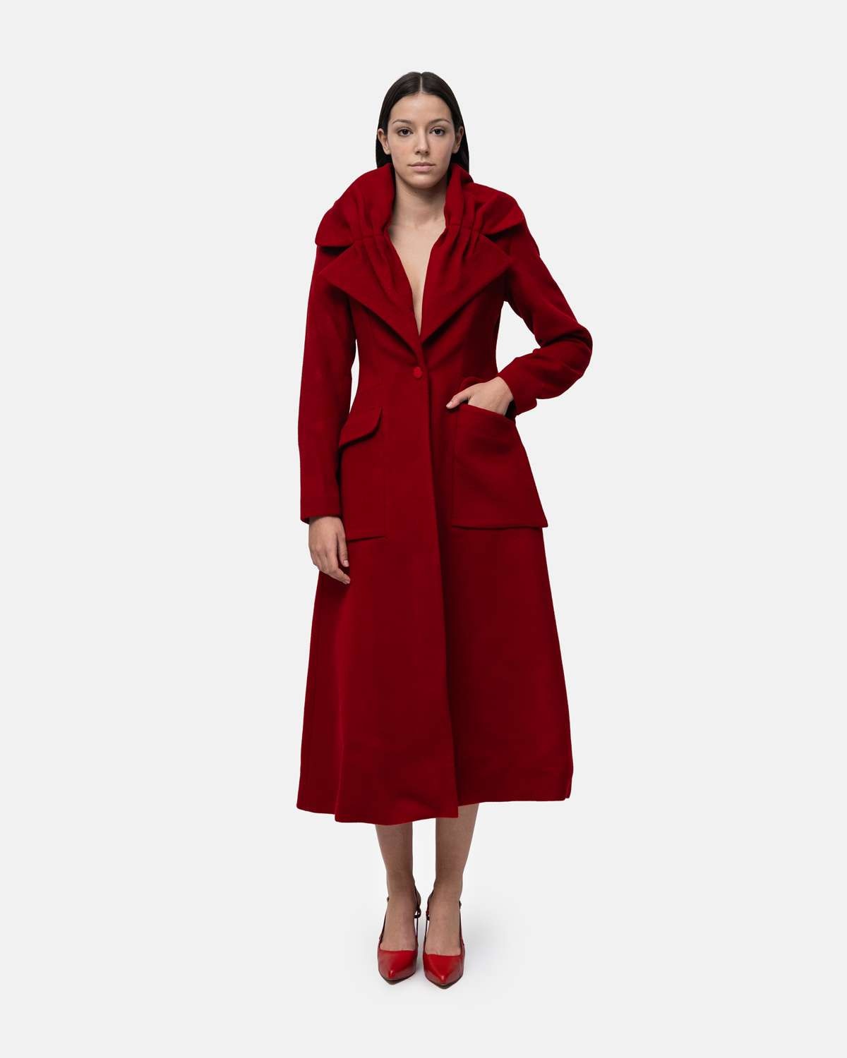 Sobretudo em lã cintado com golas em forma de flor Bordeaux-1
