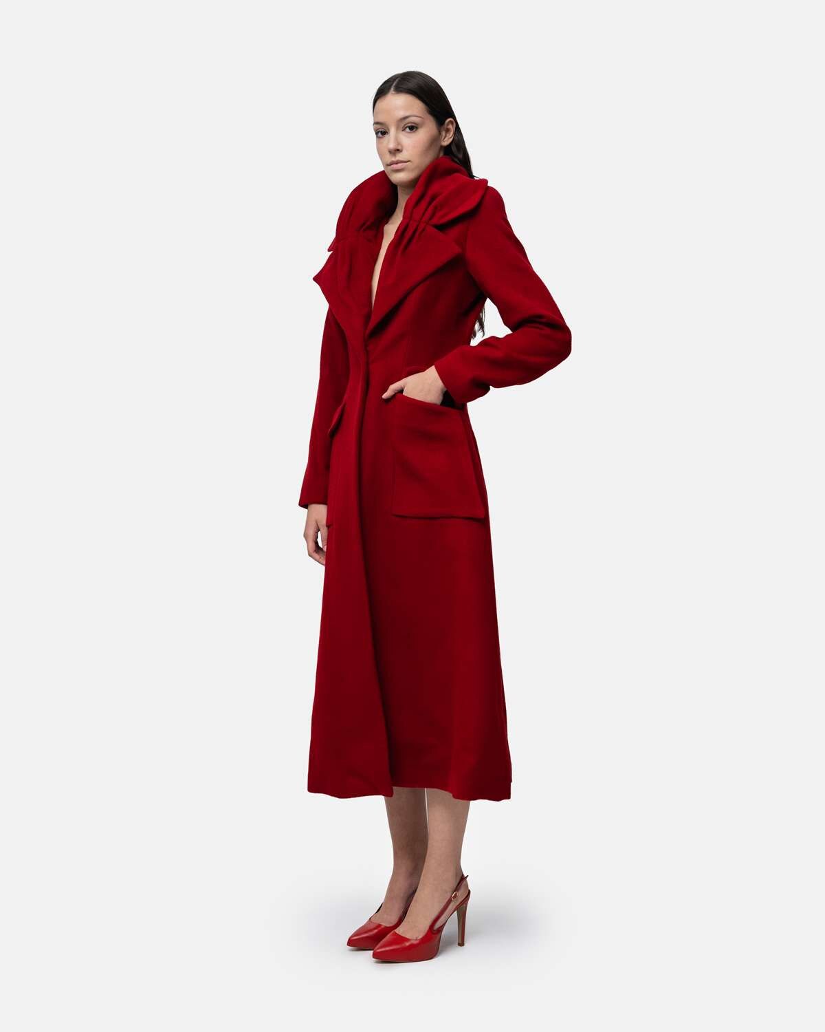 Sobretudo em lã cintado com golas em forma de flor Bordeaux-2