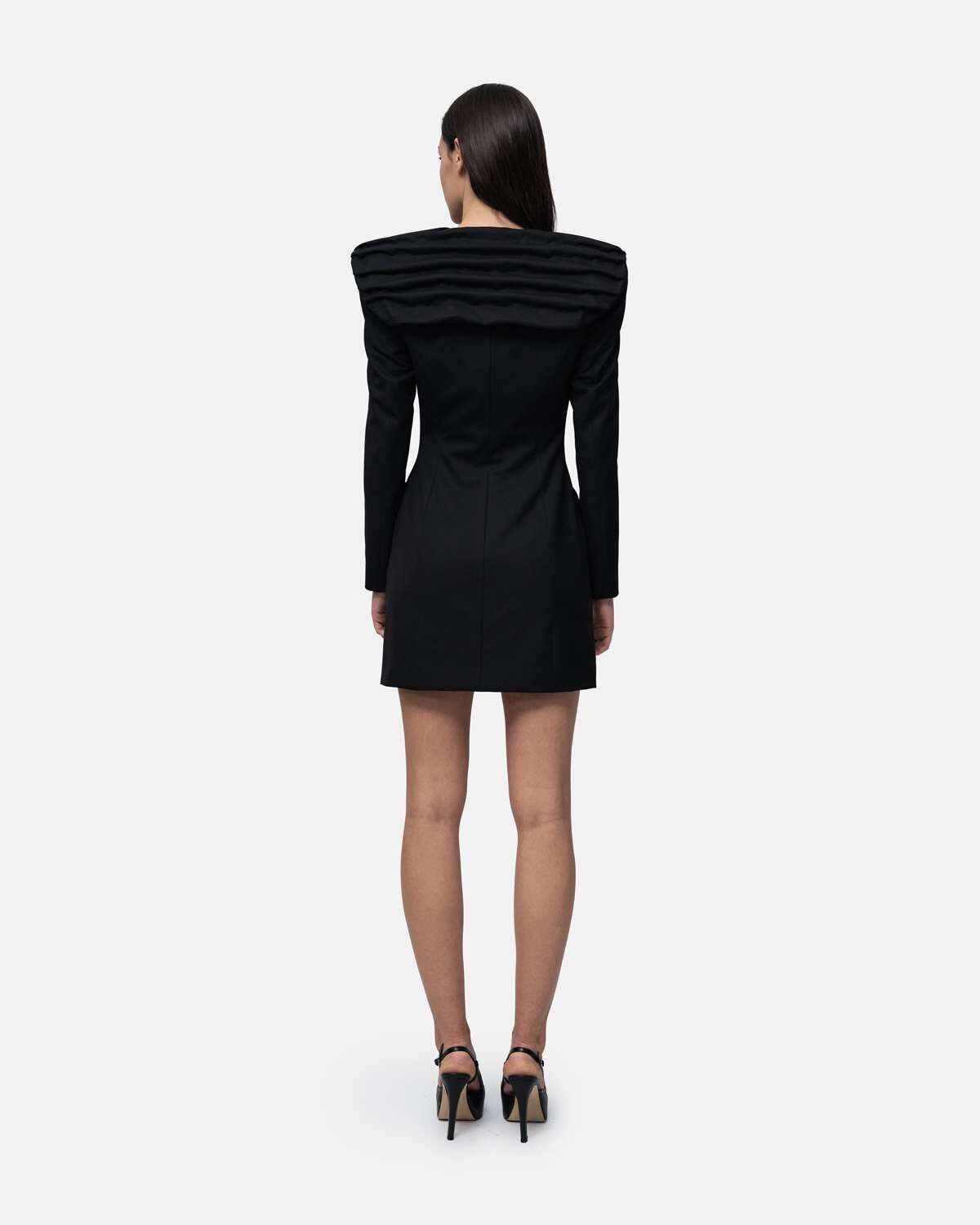 Vestido tipo Robemanteau cruzado gola drapeada formato capa nas costas - Vermelho Preto-3