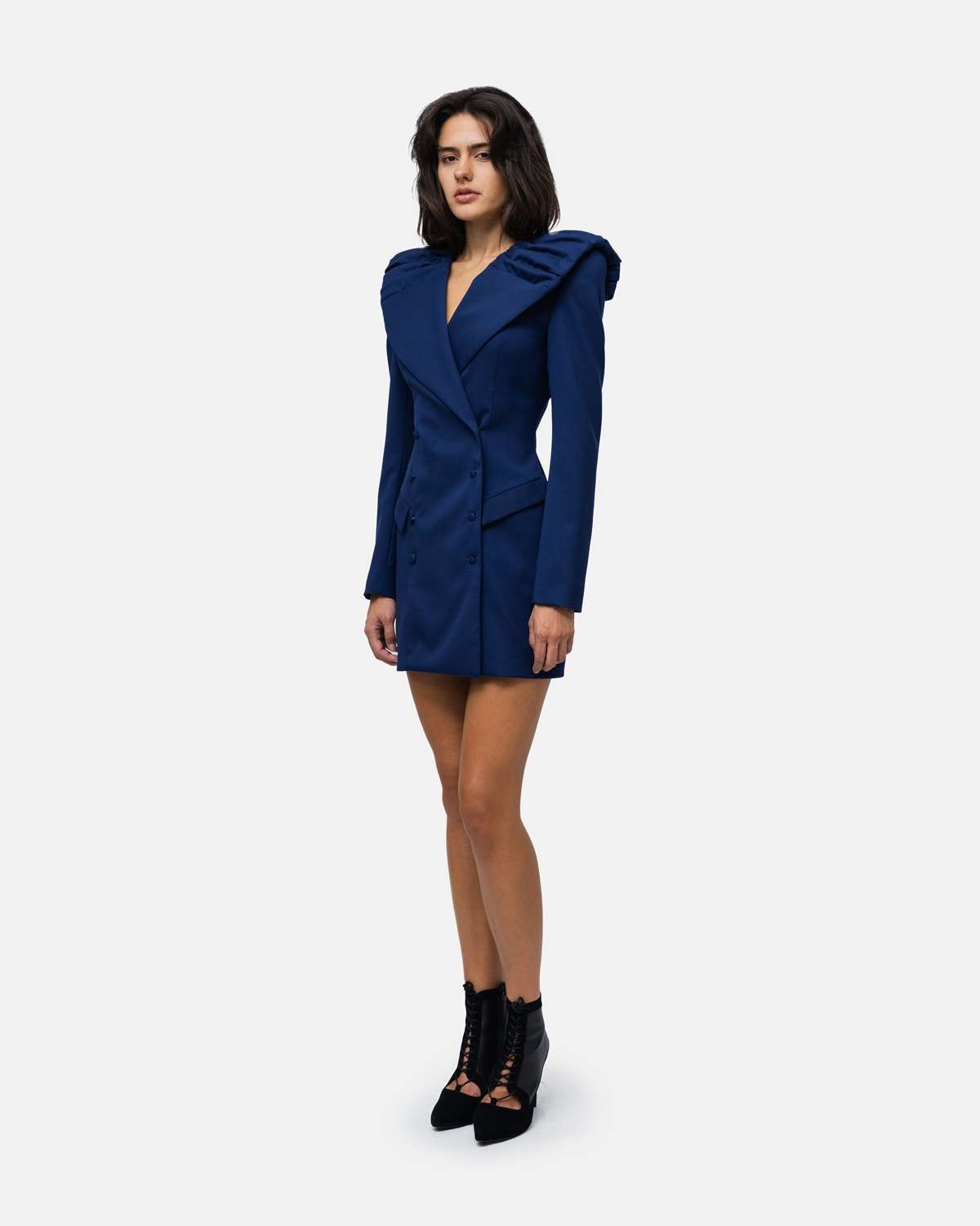 Vestido tipo Robemanteau em lã cruzado gola drapeada formato capa nas costas Azul-2