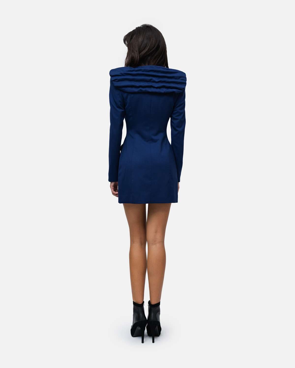 Vestido tipo Robemanteau em lã cruzado gola drapeada formato capa nas costas Azul-3