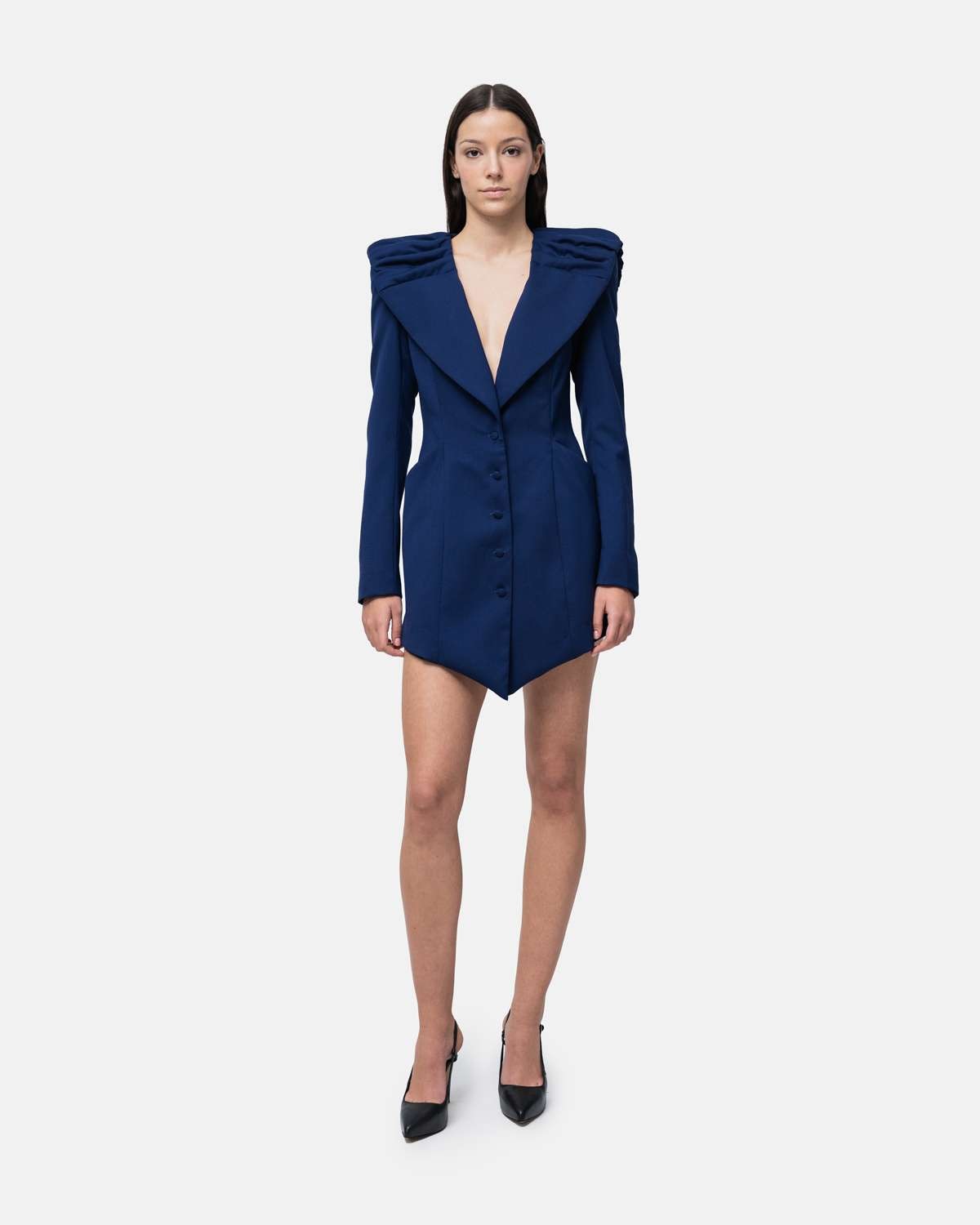 Vestido tipo Robemanteau em lã gola drapeada formato capa nas costas Azul-1