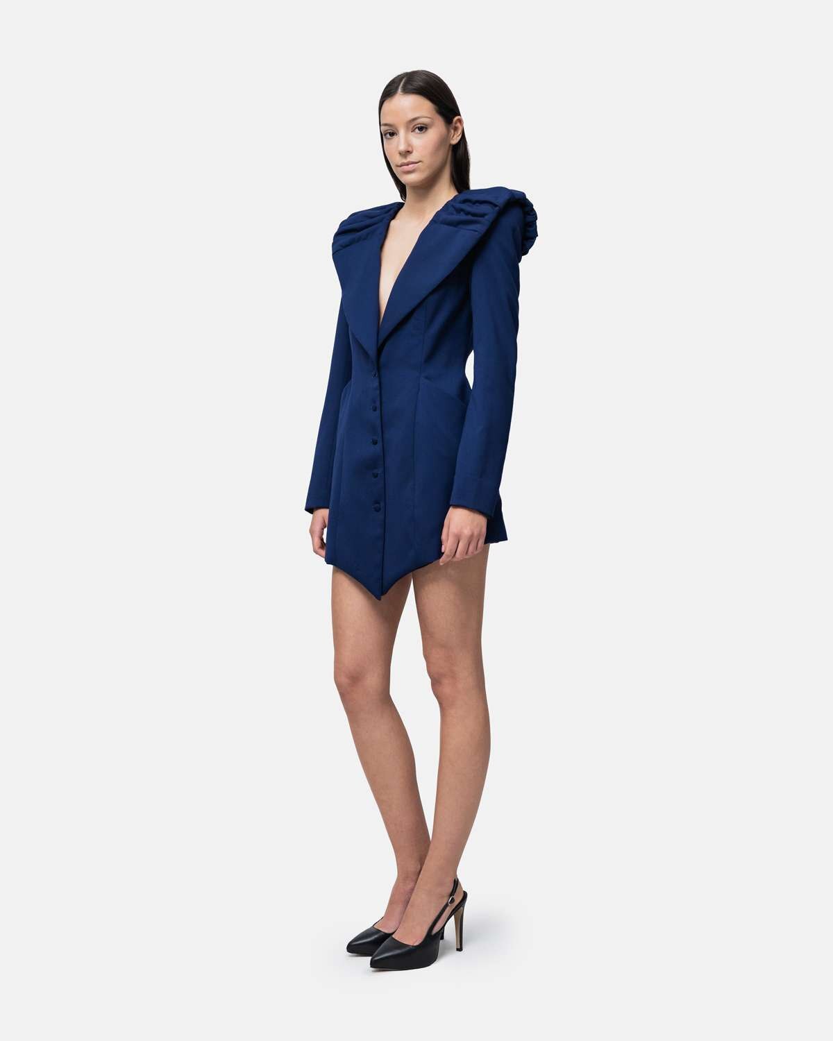 Vestido tipo Robemanteau em lã gola drapeada formato capa nas costas Azul-2