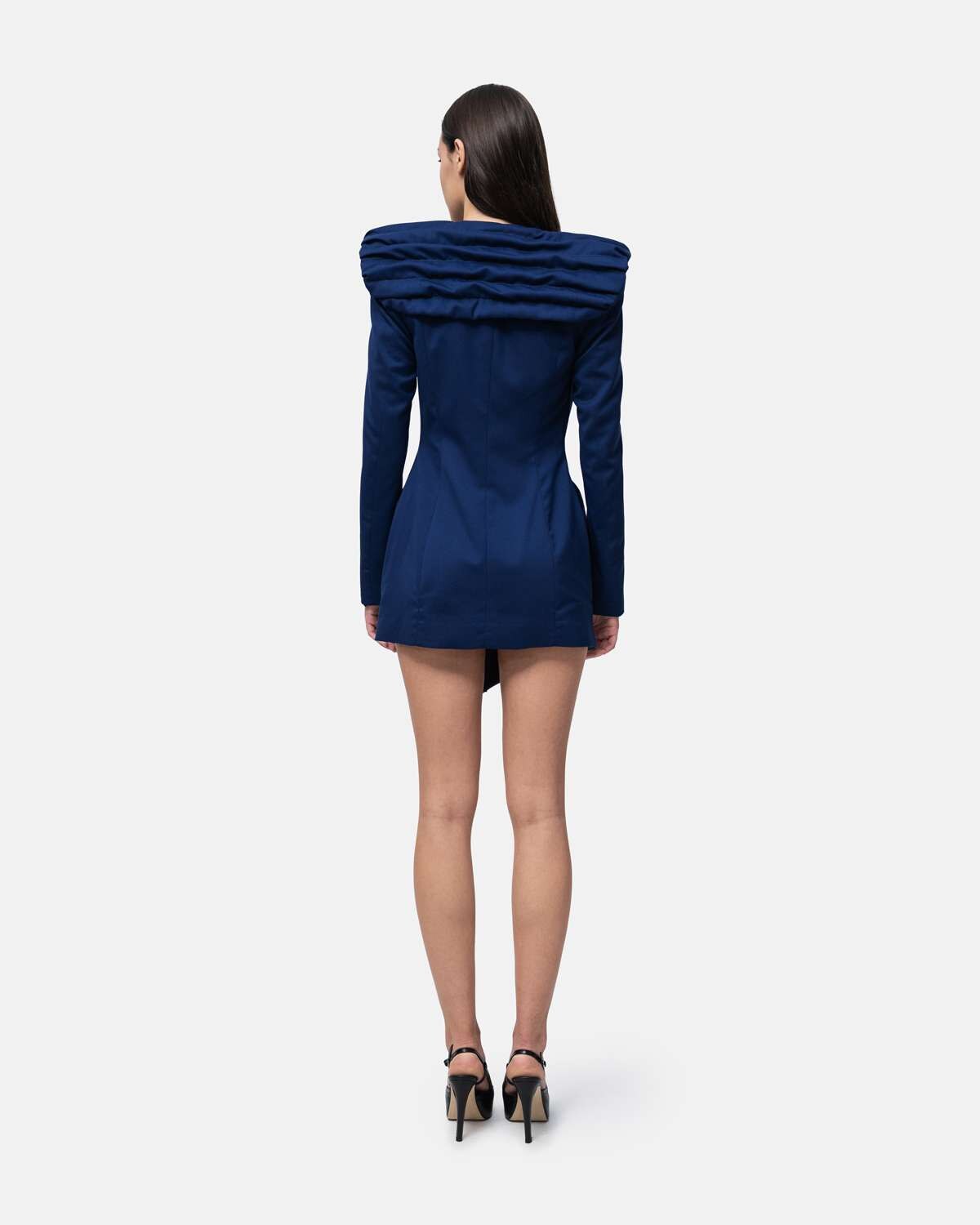 Vestido tipo Robemanteau em lã gola drapeada formato capa nas costas Azul-3