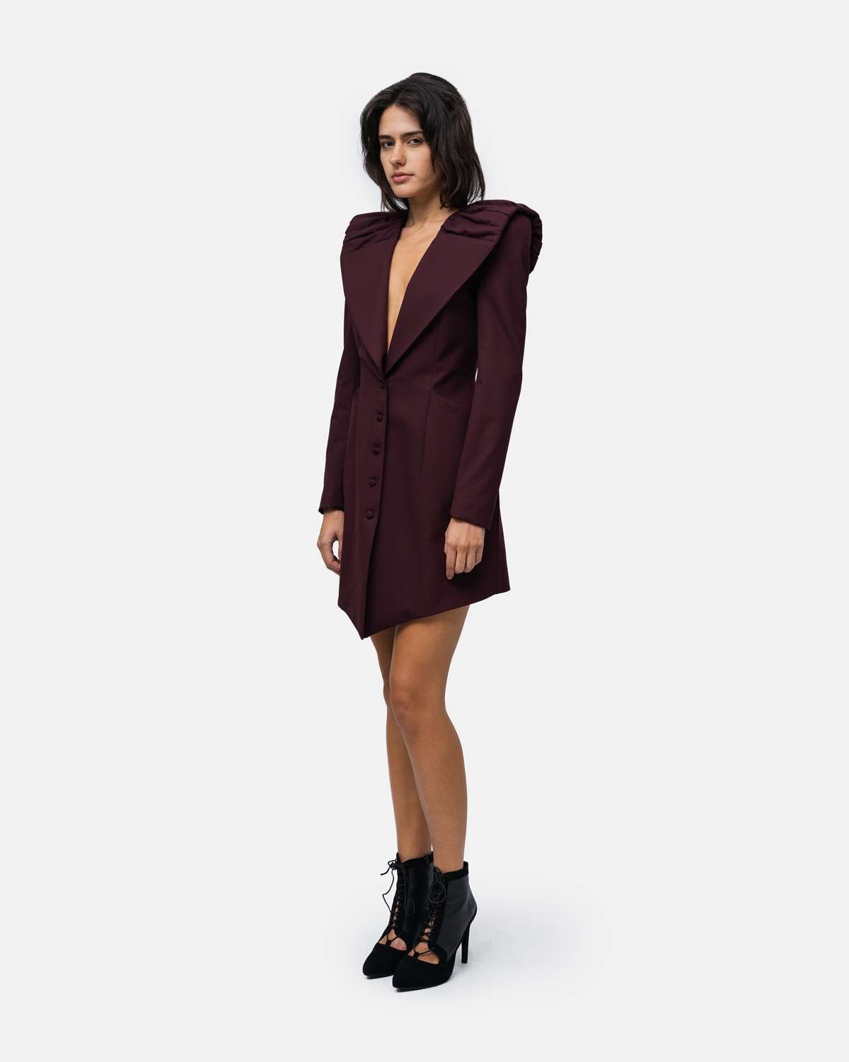 Vestido tipo Robemanteau gola drapeada formato capa nas costas Bordeaux-2